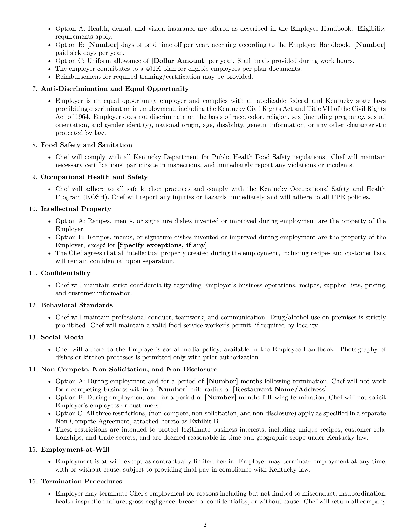 Preview page 2 of Free Kentucky chef employment contract template