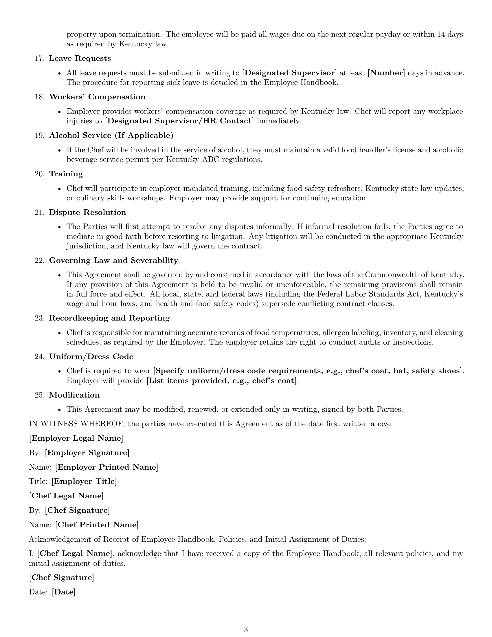 Preview page 3 of Free Kentucky chef employment contract template