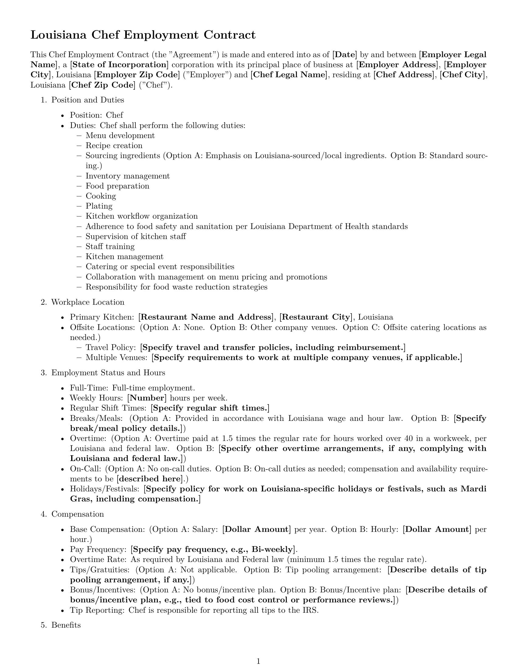 Preview page 1 of Free Louisiana chef employment contract template