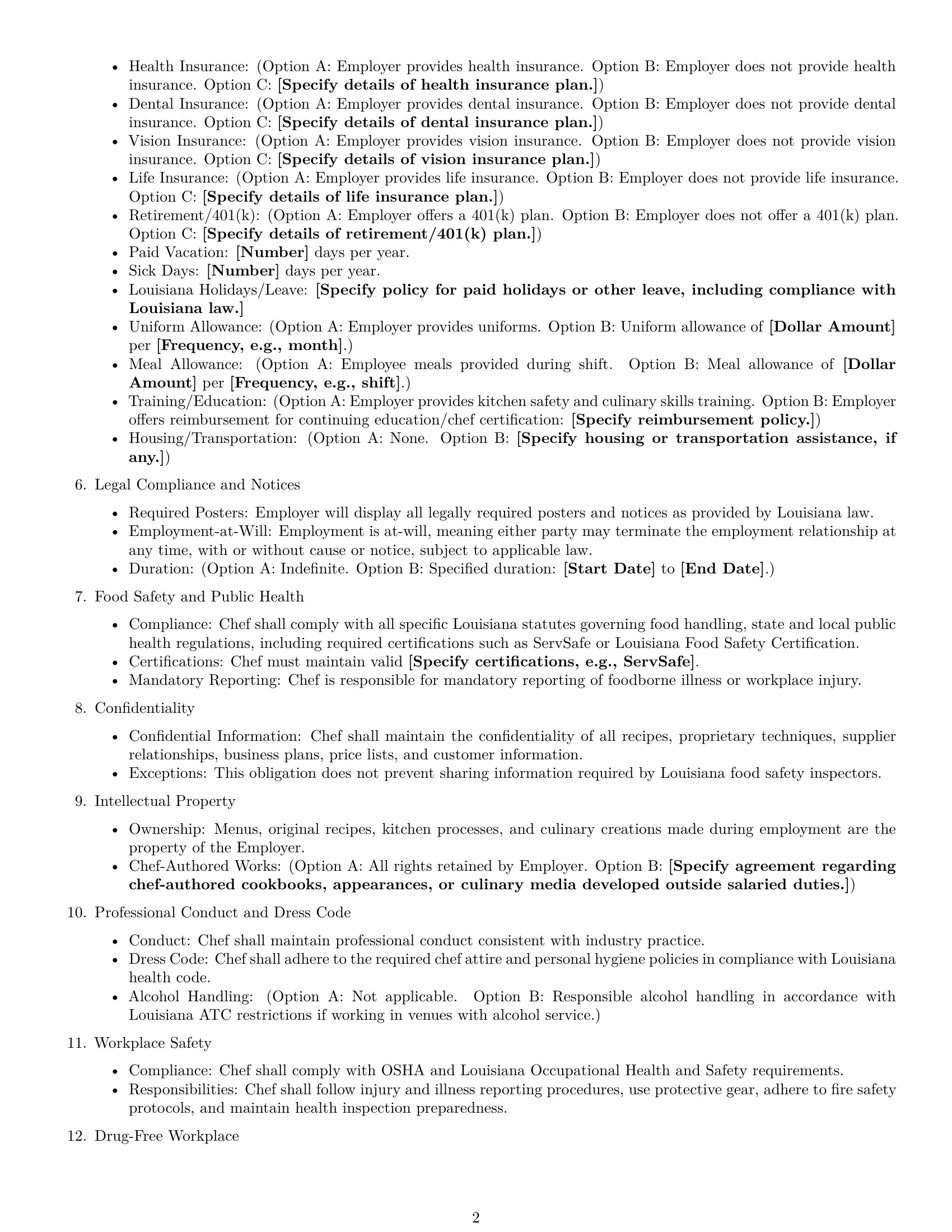Preview page 2 of Free Louisiana chef employment contract template