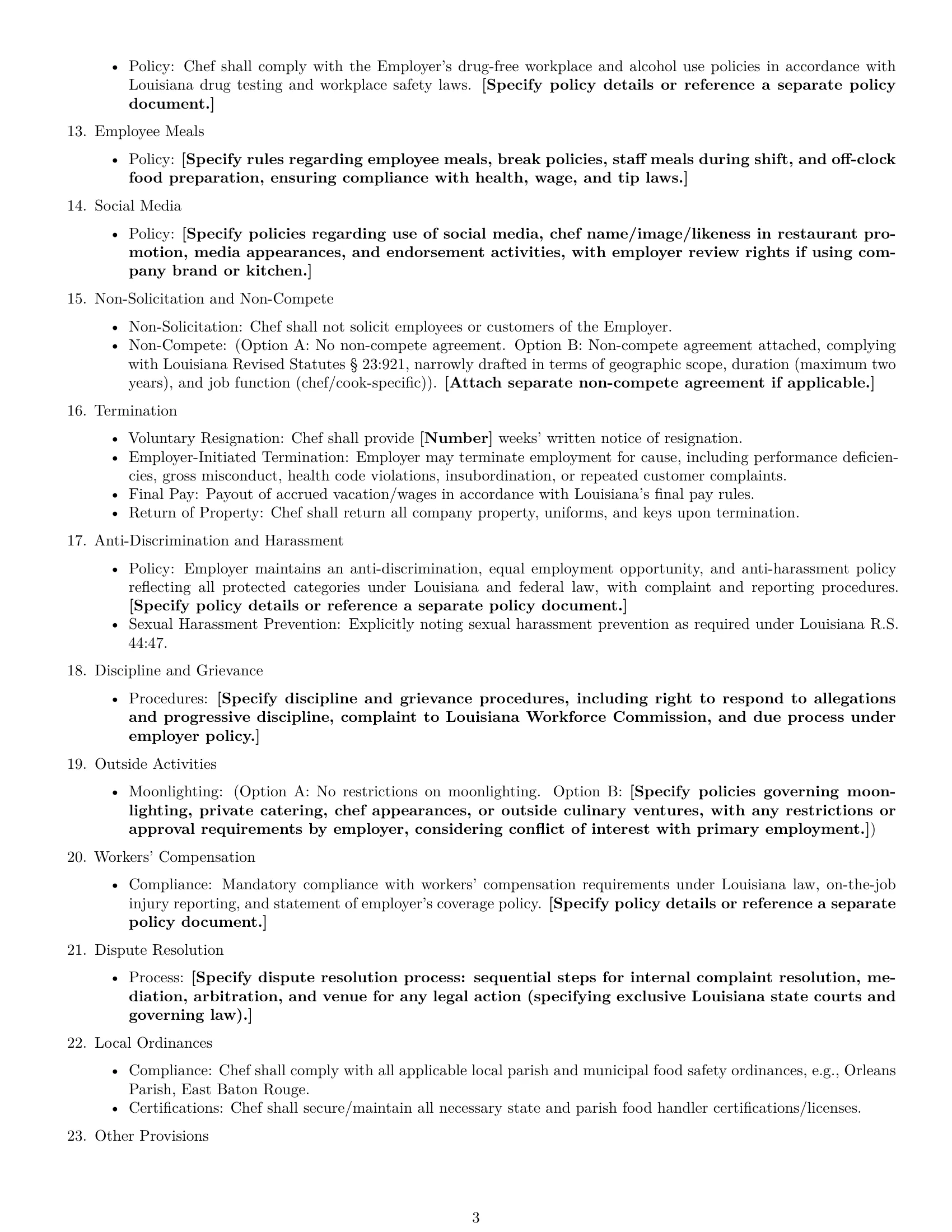 Preview page 3 of Free Louisiana chef employment contract template