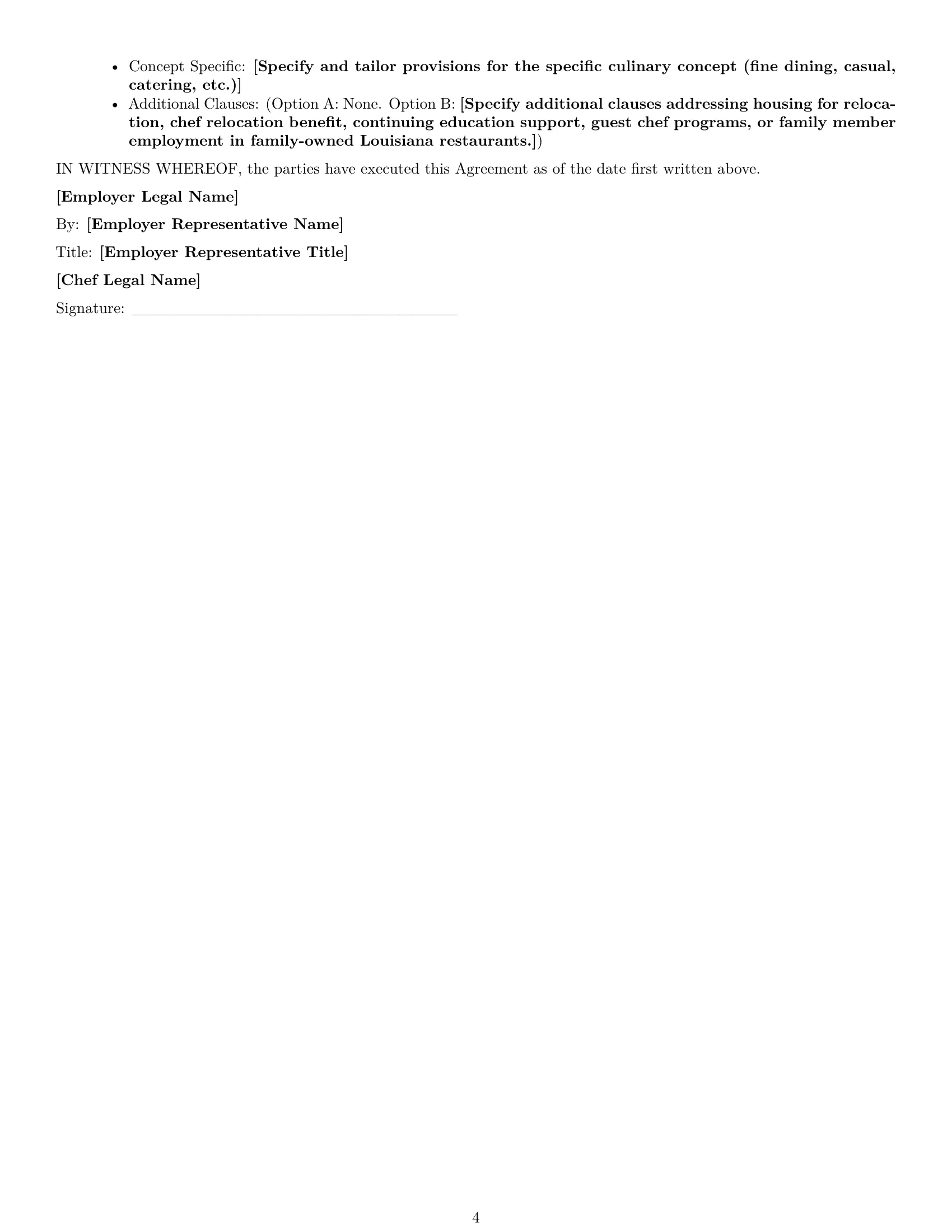 Preview page 4 of Free Louisiana chef employment contract template