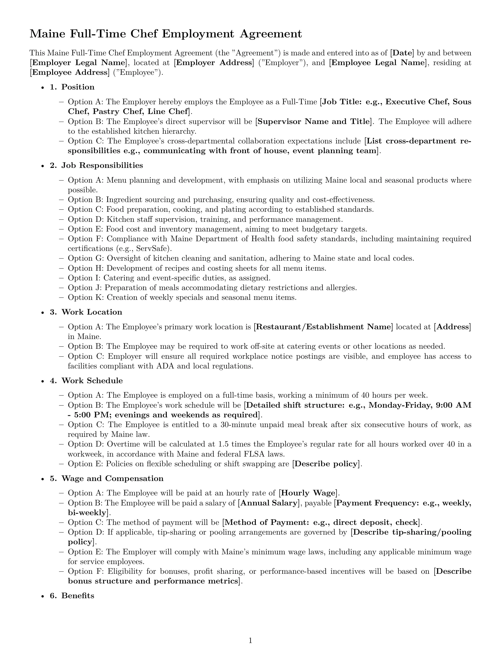 Preview page 1 of Free Maine chef employment contract template