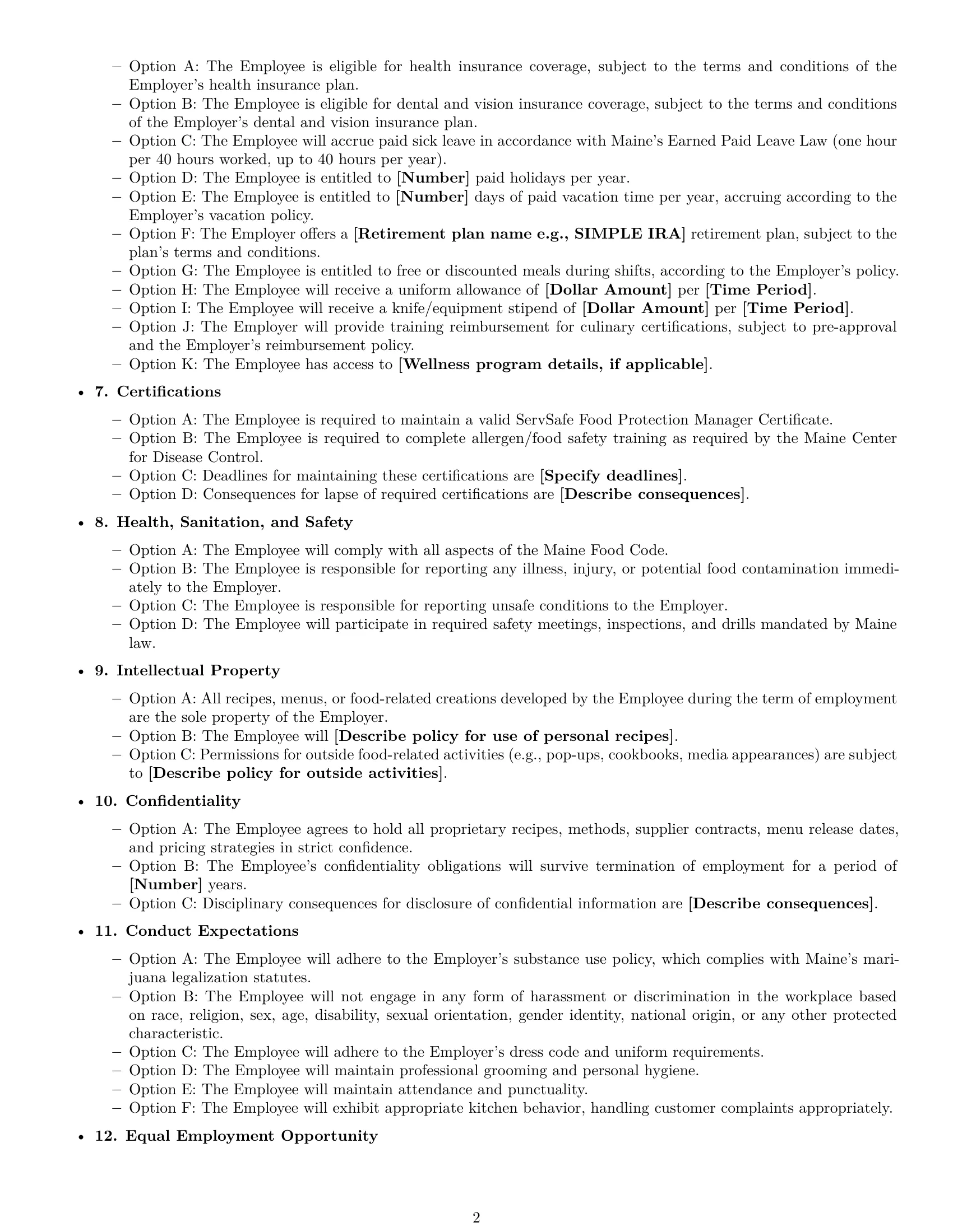Preview page 2 of Free Maine chef employment contract template