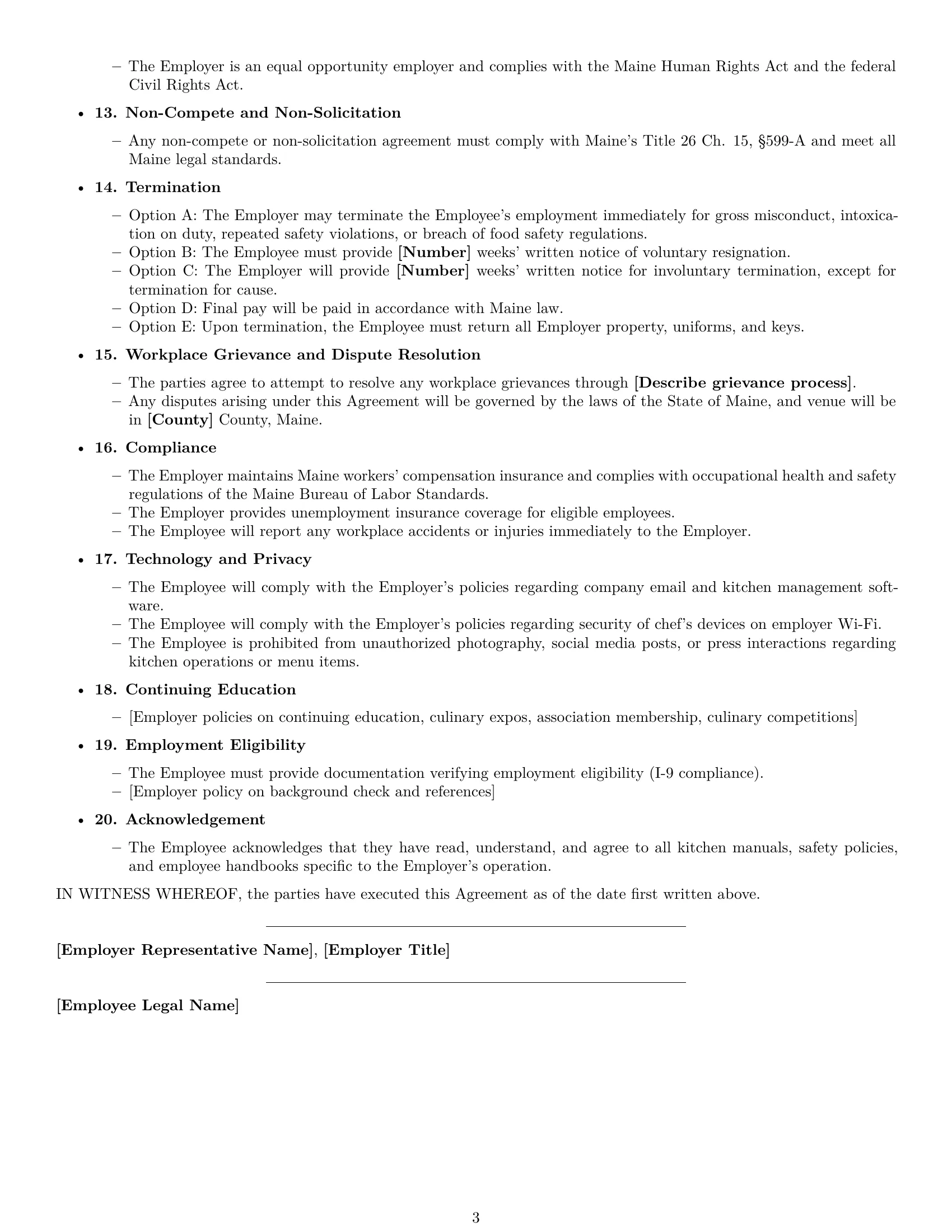 Preview page 3 of Free Maine chef employment contract template