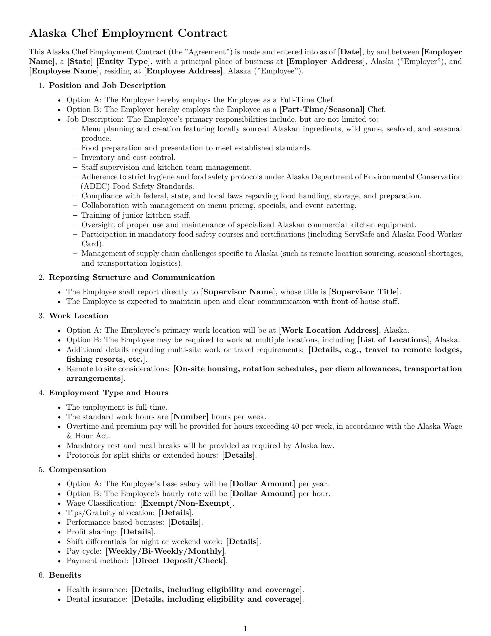 Preview page 1 of Free Alaska chef employment contract template