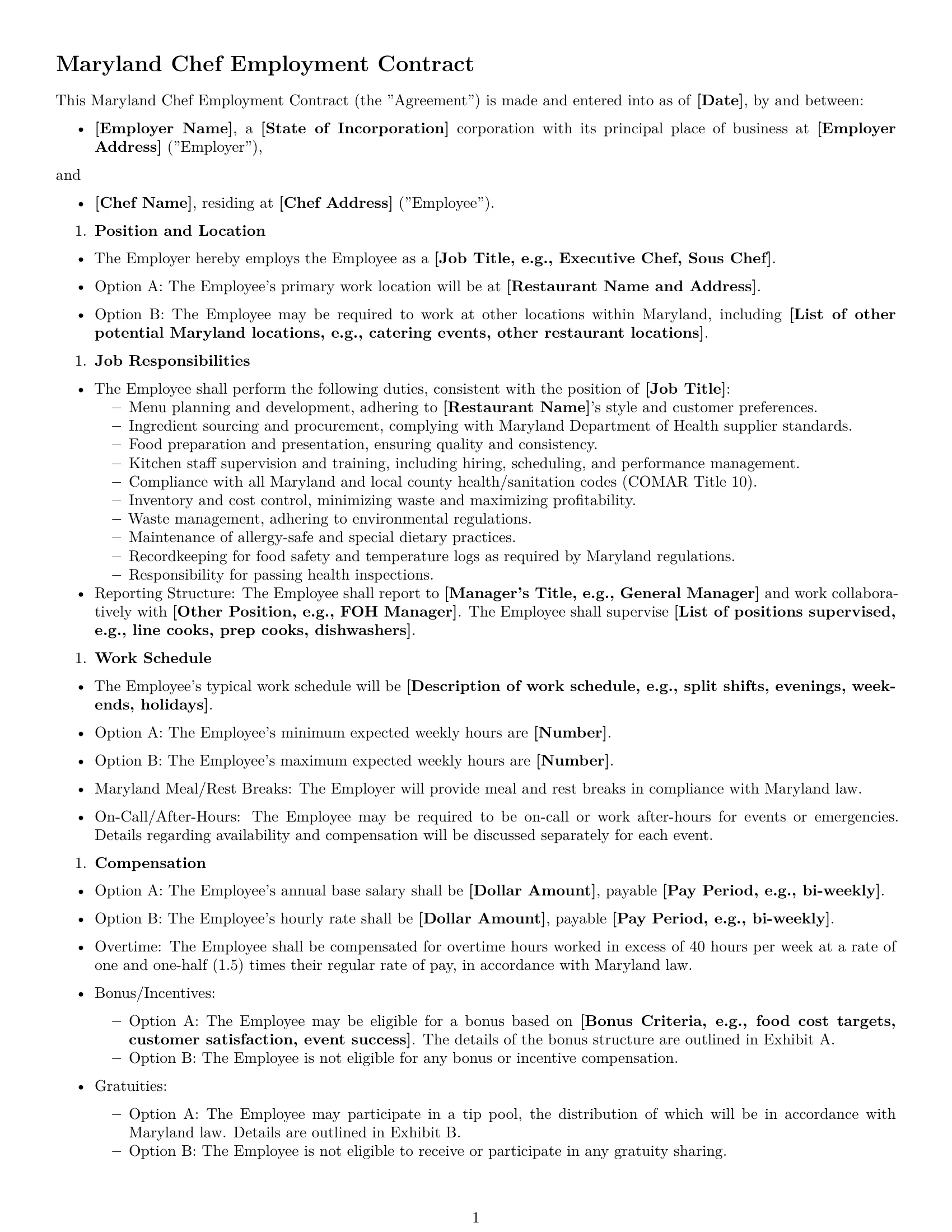 Preview page 1 of Free Maryland chef employment contract template