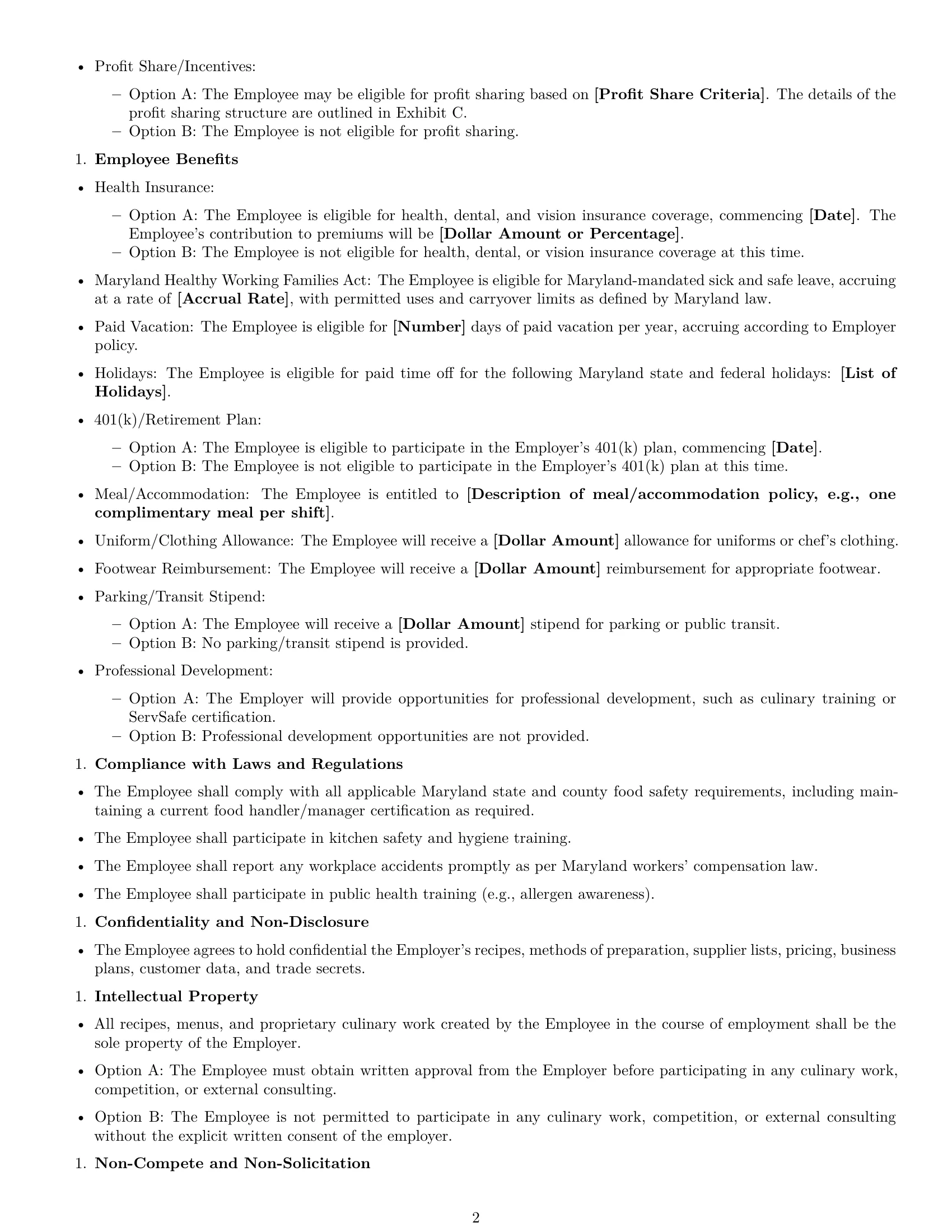 Preview page 2 of Free Maryland chef employment contract template