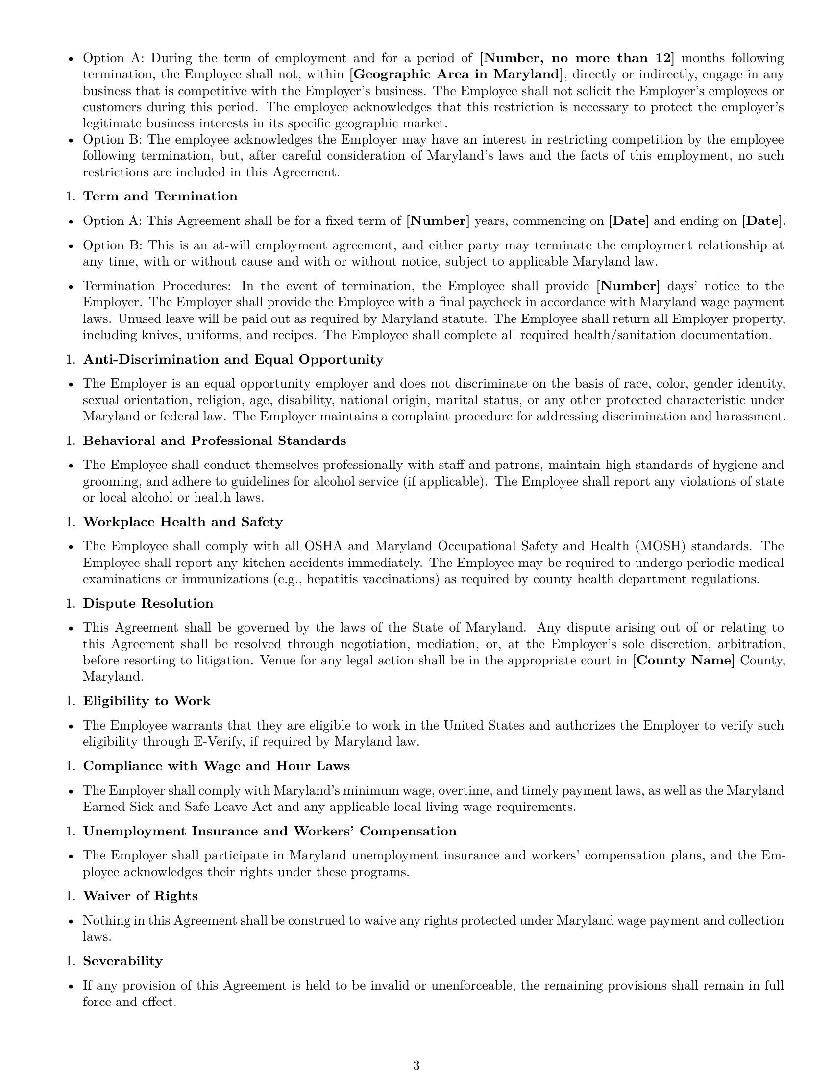 Preview page 3 of Free Maryland chef employment contract template