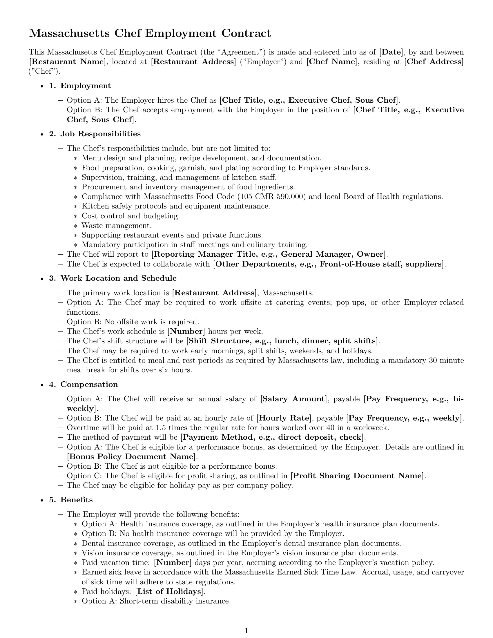 Preview page 1 of Free Massachusetts chef employment contract template