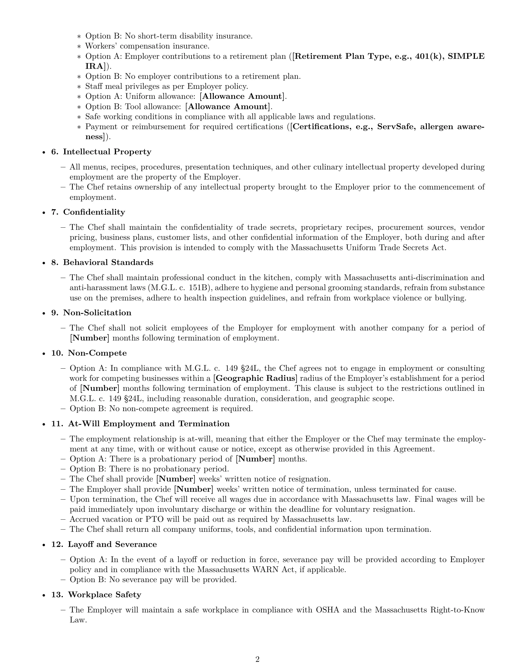 Preview page 2 of Free Massachusetts chef employment contract template