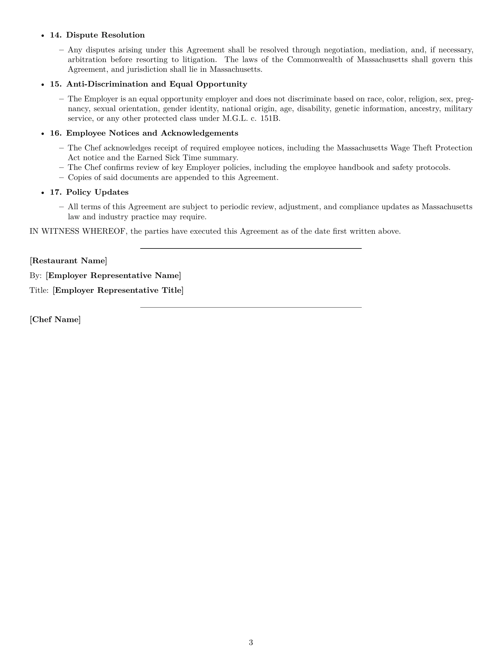 Preview page 3 of Free Massachusetts chef employment contract template