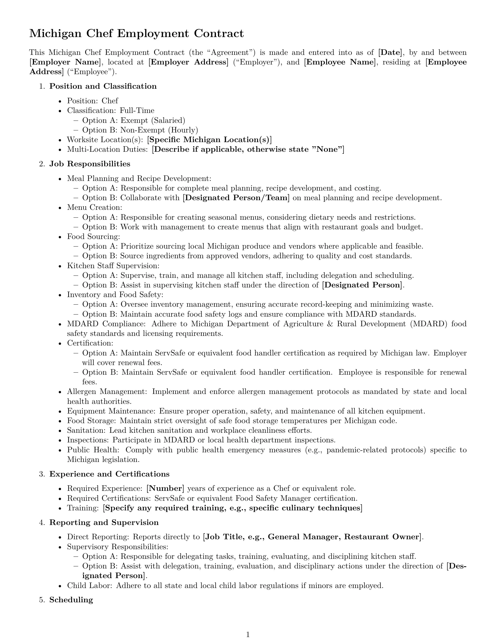 Preview page 1 of Free Michigan chef employment contract template