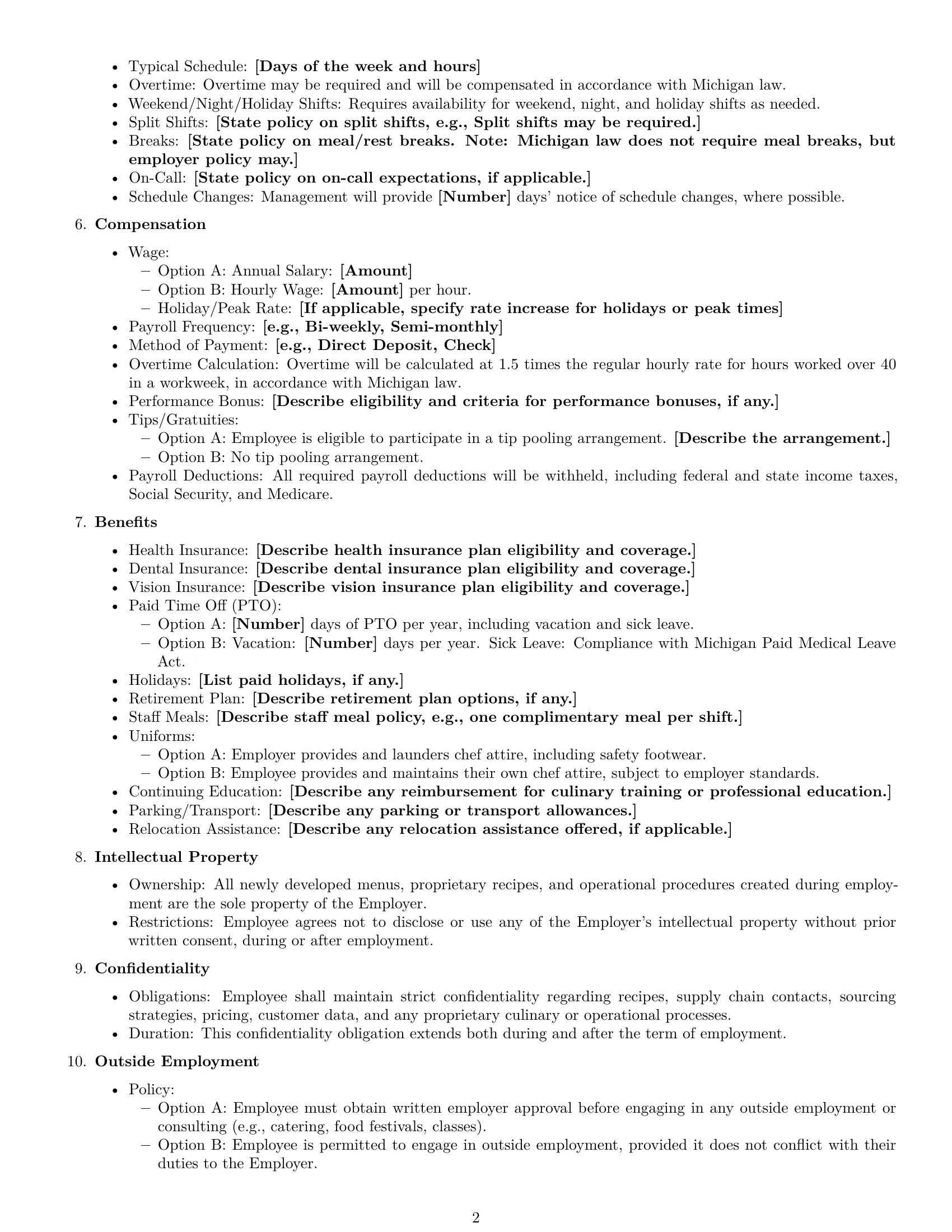 Preview page 2 of Free Michigan chef employment contract template