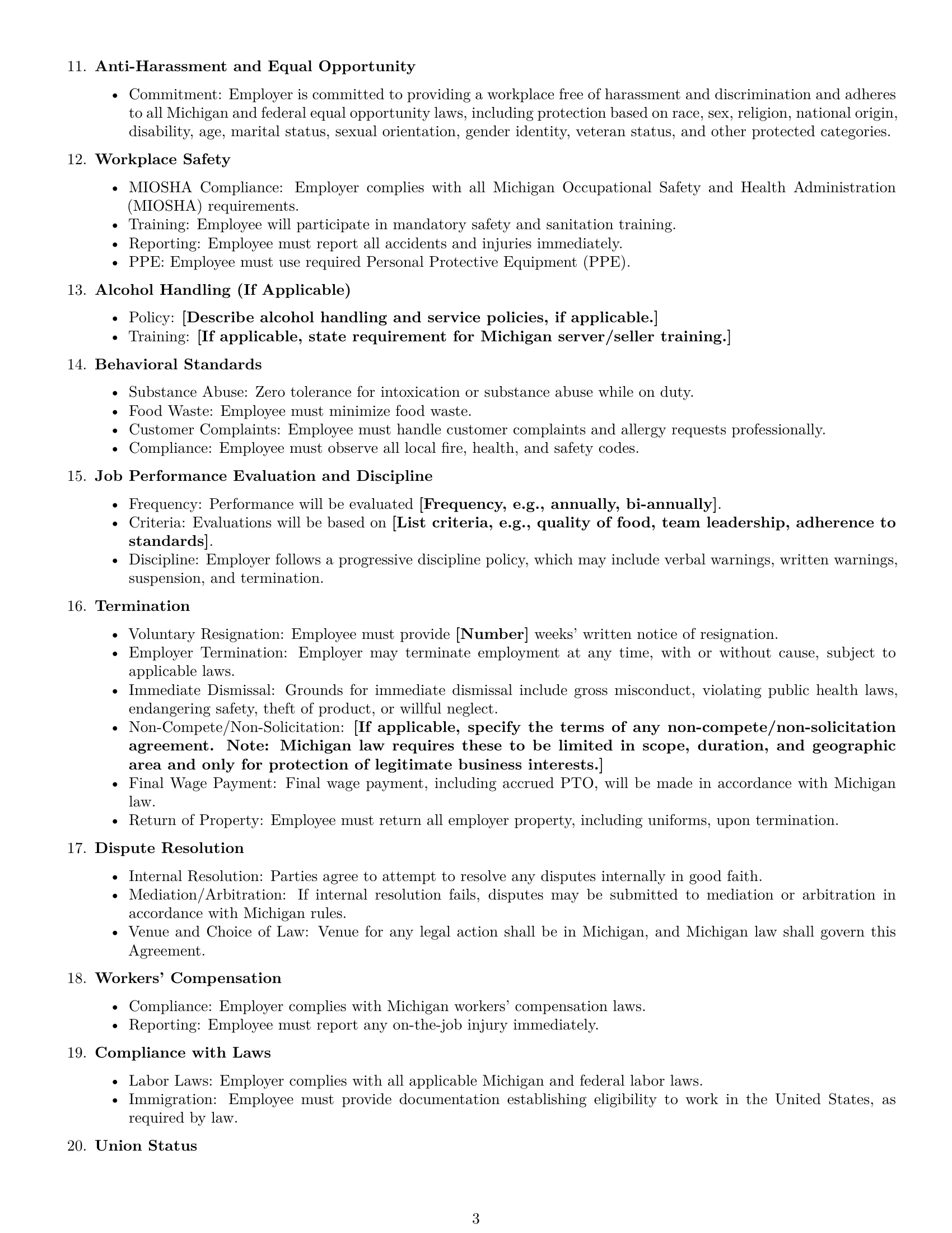 Preview page 3 of Free Michigan chef employment contract template