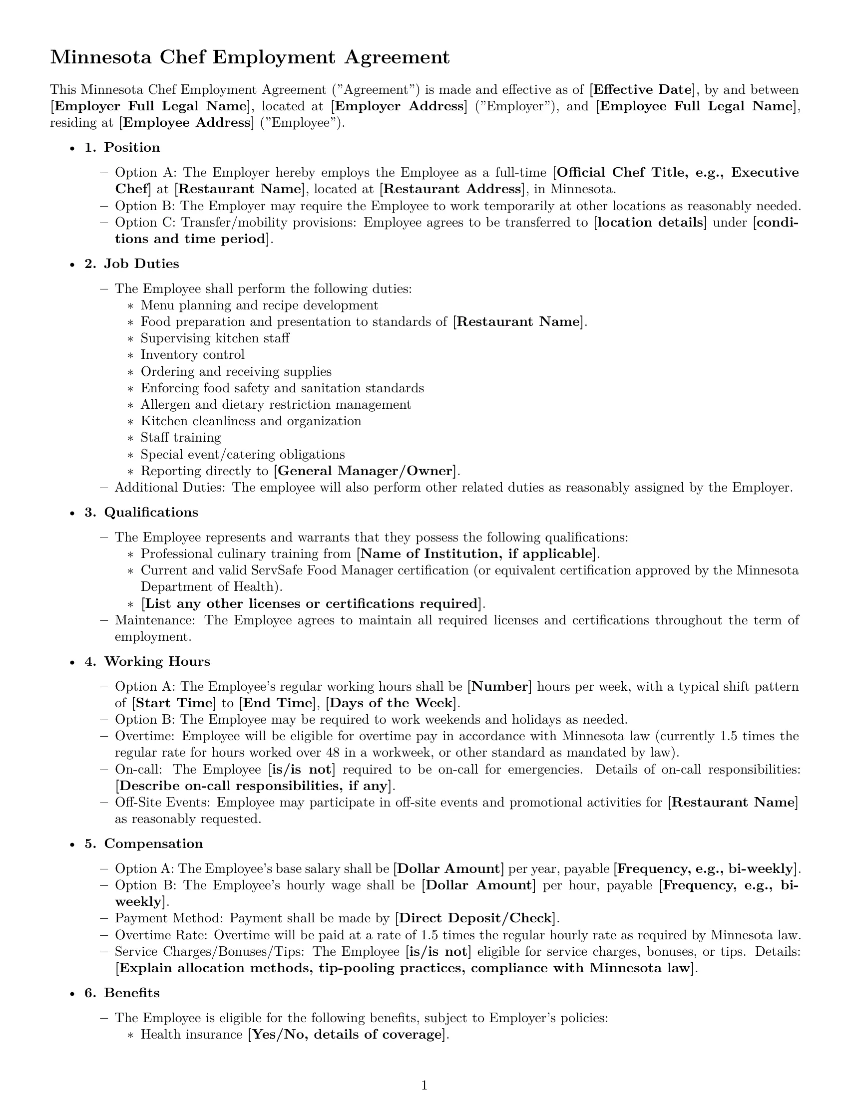 Preview page 1 of Free Minnesota chef employment contract template