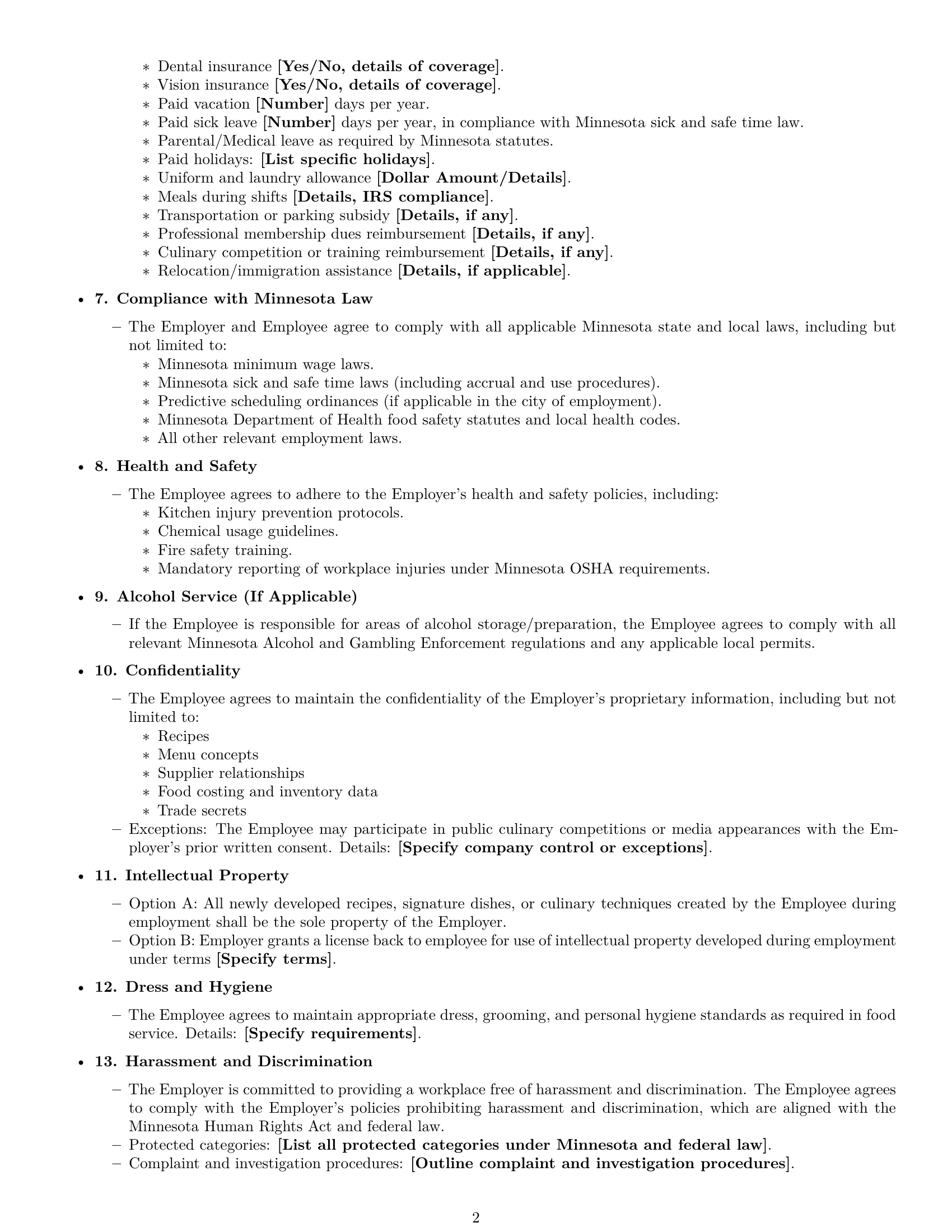 Preview page 2 of Free Minnesota chef employment contract template