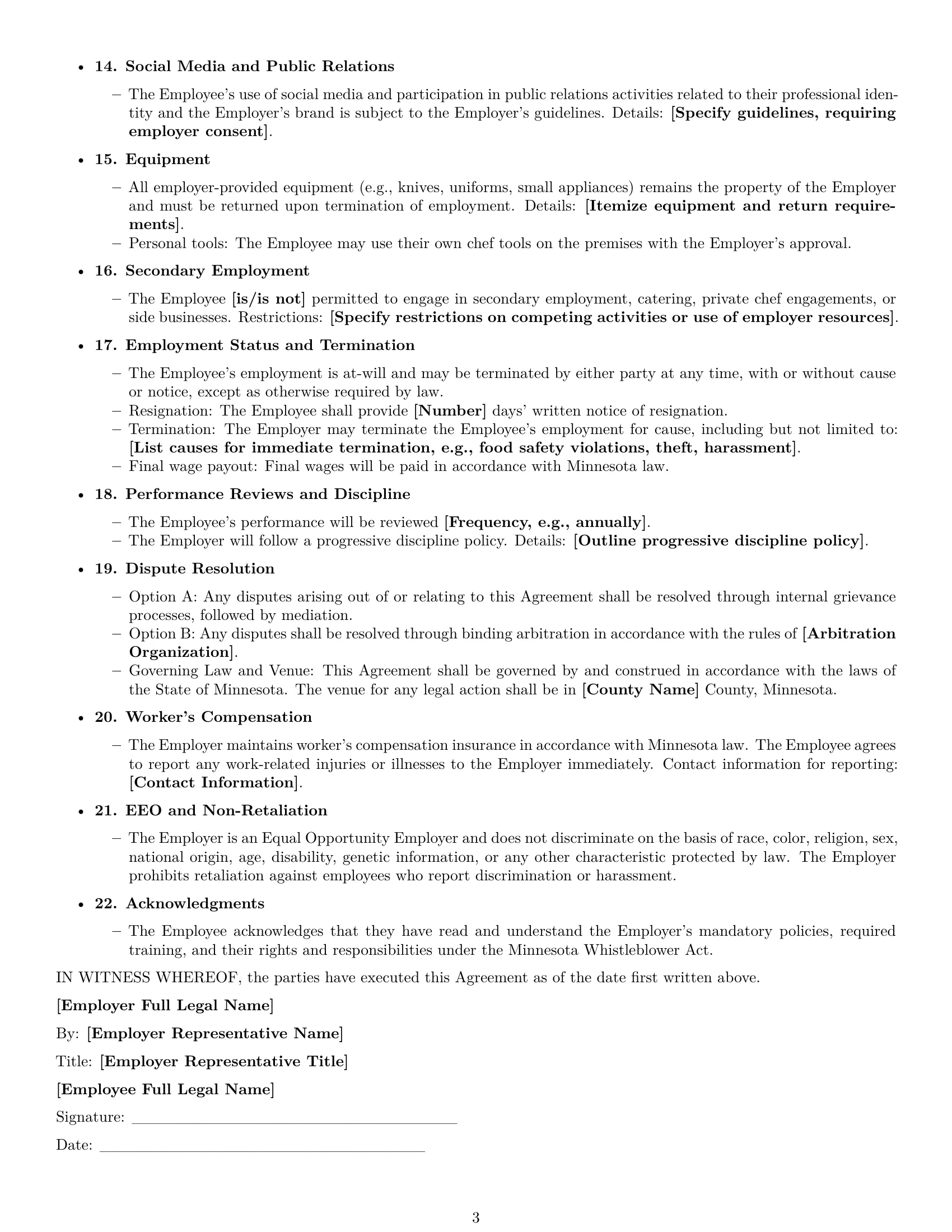 Preview page 3 of Free Minnesota chef employment contract template