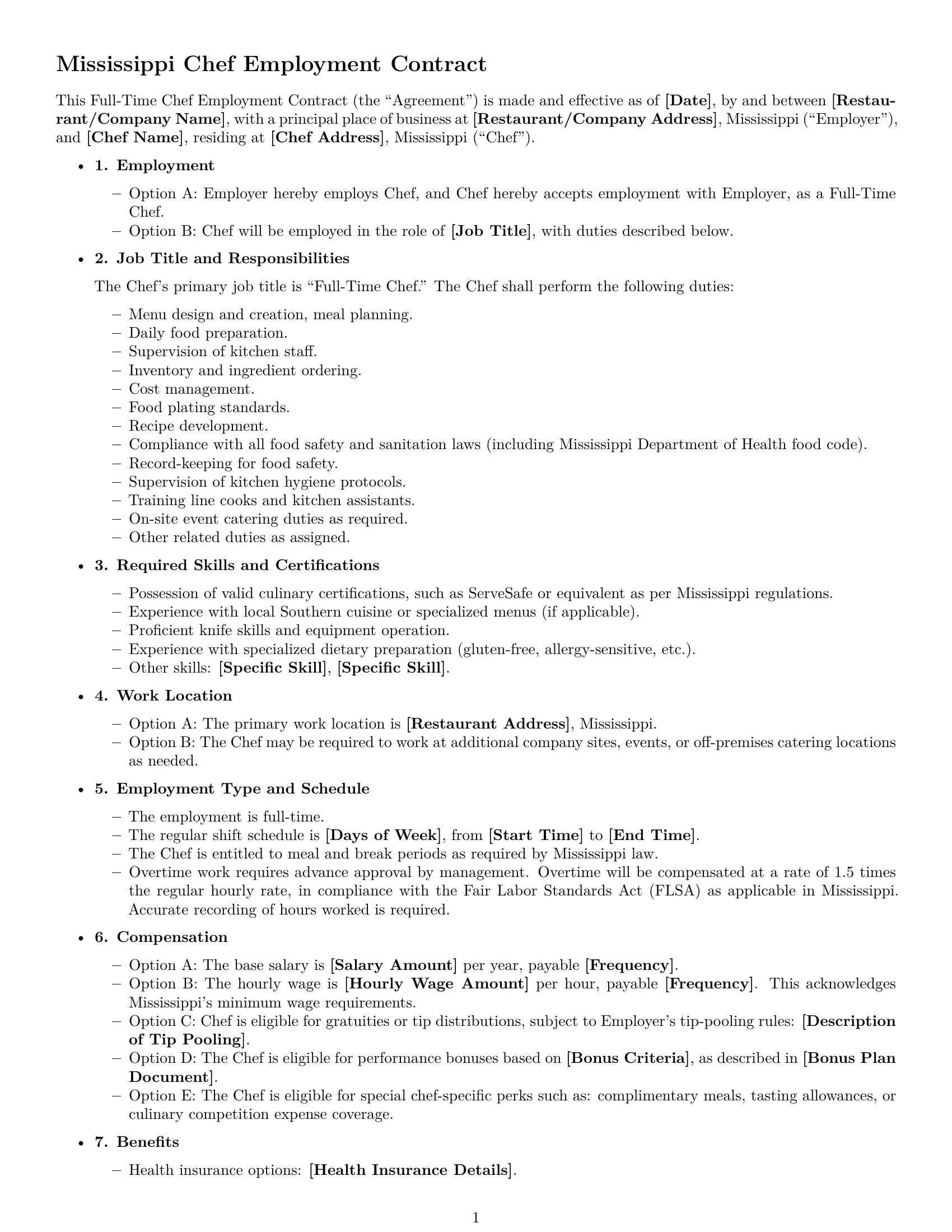 Preview page 1 of Free Mississippi chef employment contract template