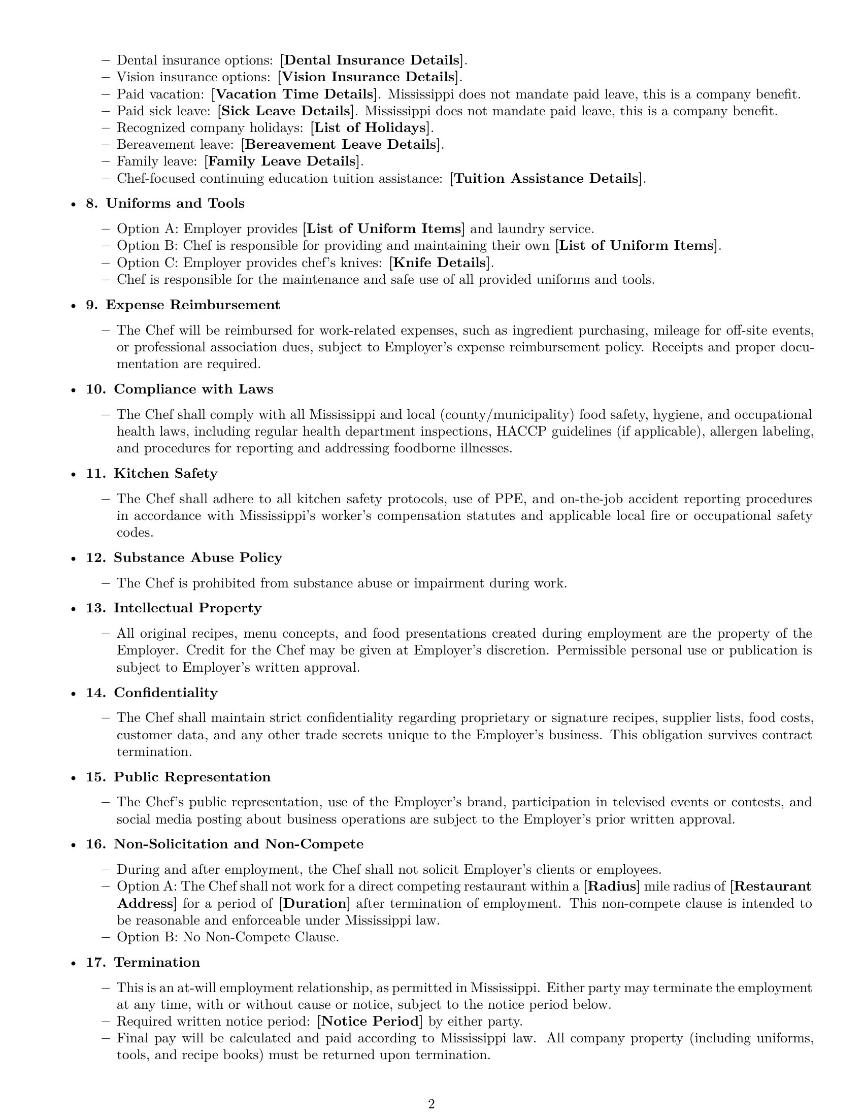 Preview page 2 of Free Mississippi chef employment contract template