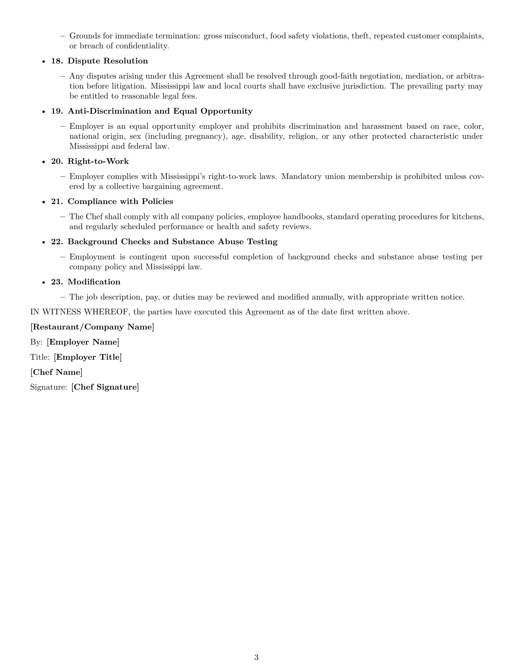 Preview page 3 of Free Mississippi chef employment contract template