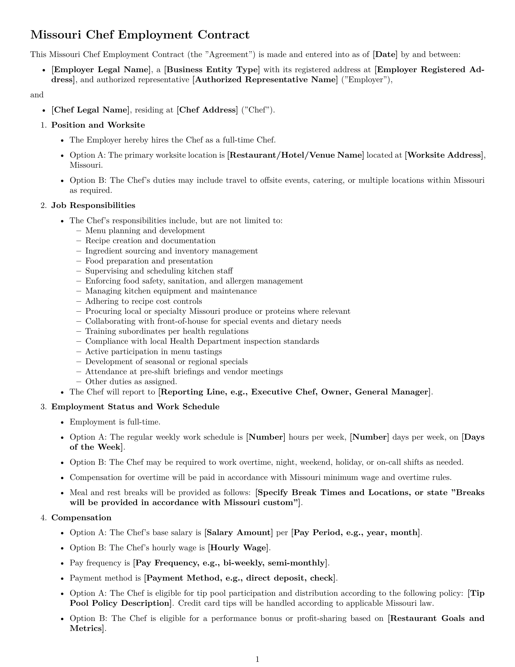 Preview page 1 of Free Missouri chef employment contract template