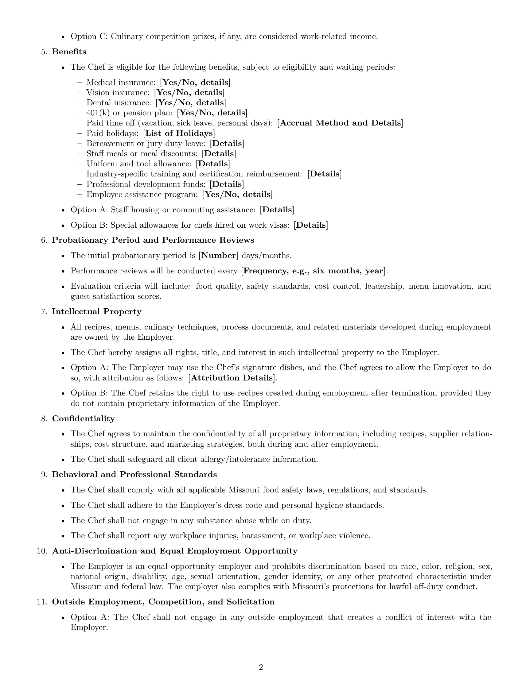 Preview page 2 of Free Missouri chef employment contract template