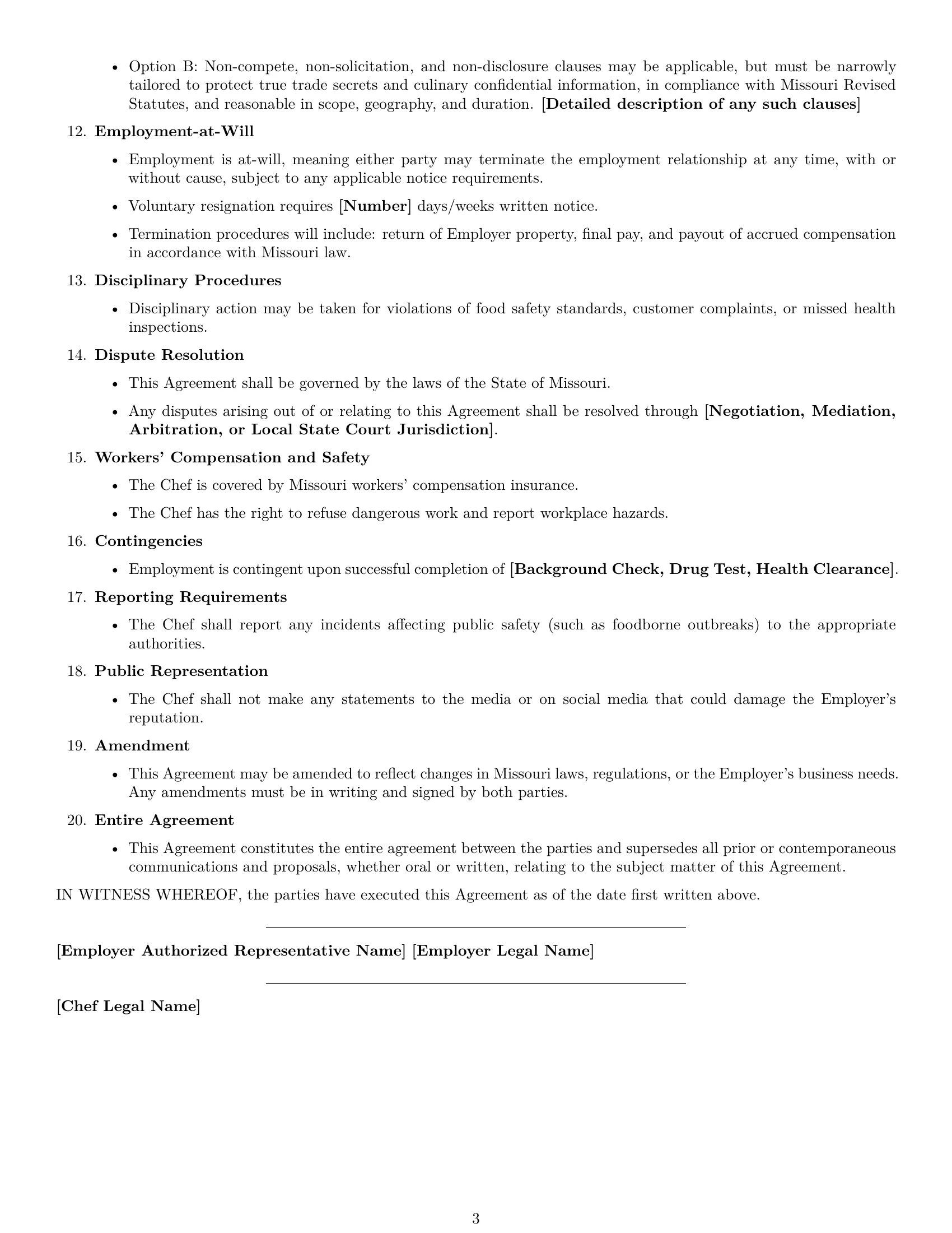 Preview page 3 of Free Missouri chef employment contract template