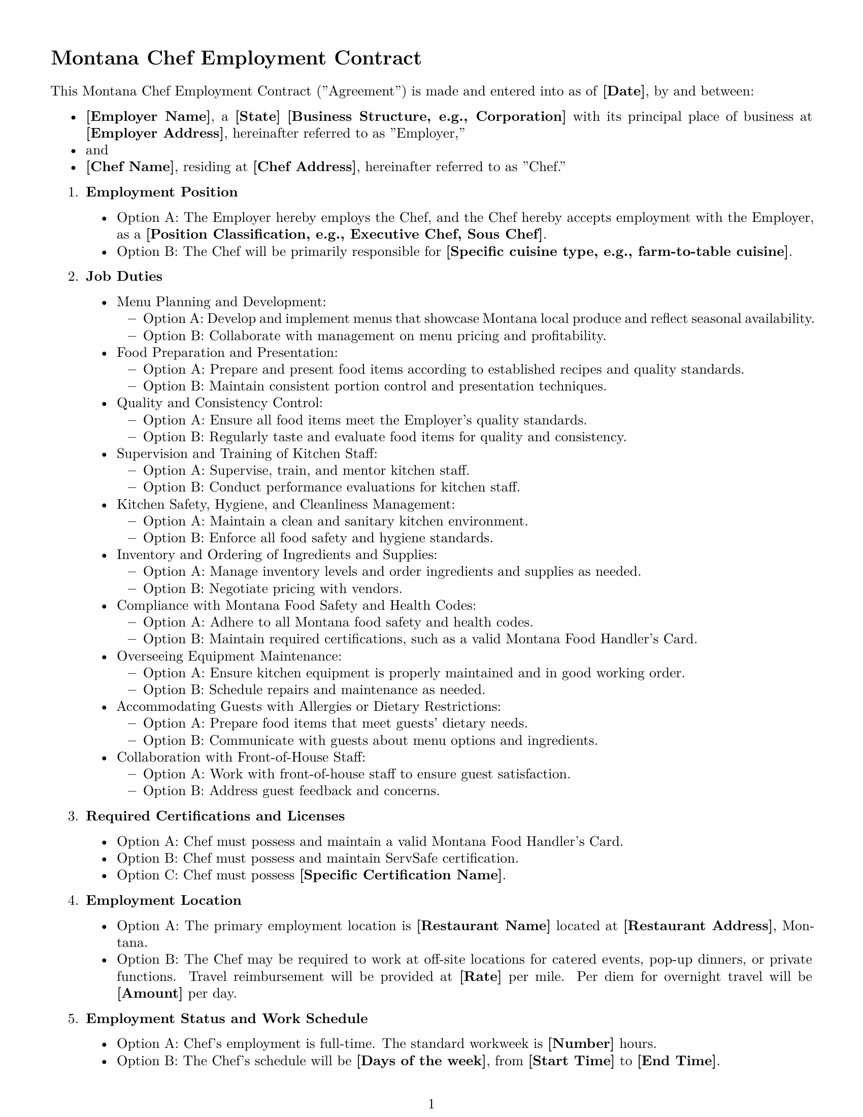 Preview page 1 of Free Montana chef employment contract template
