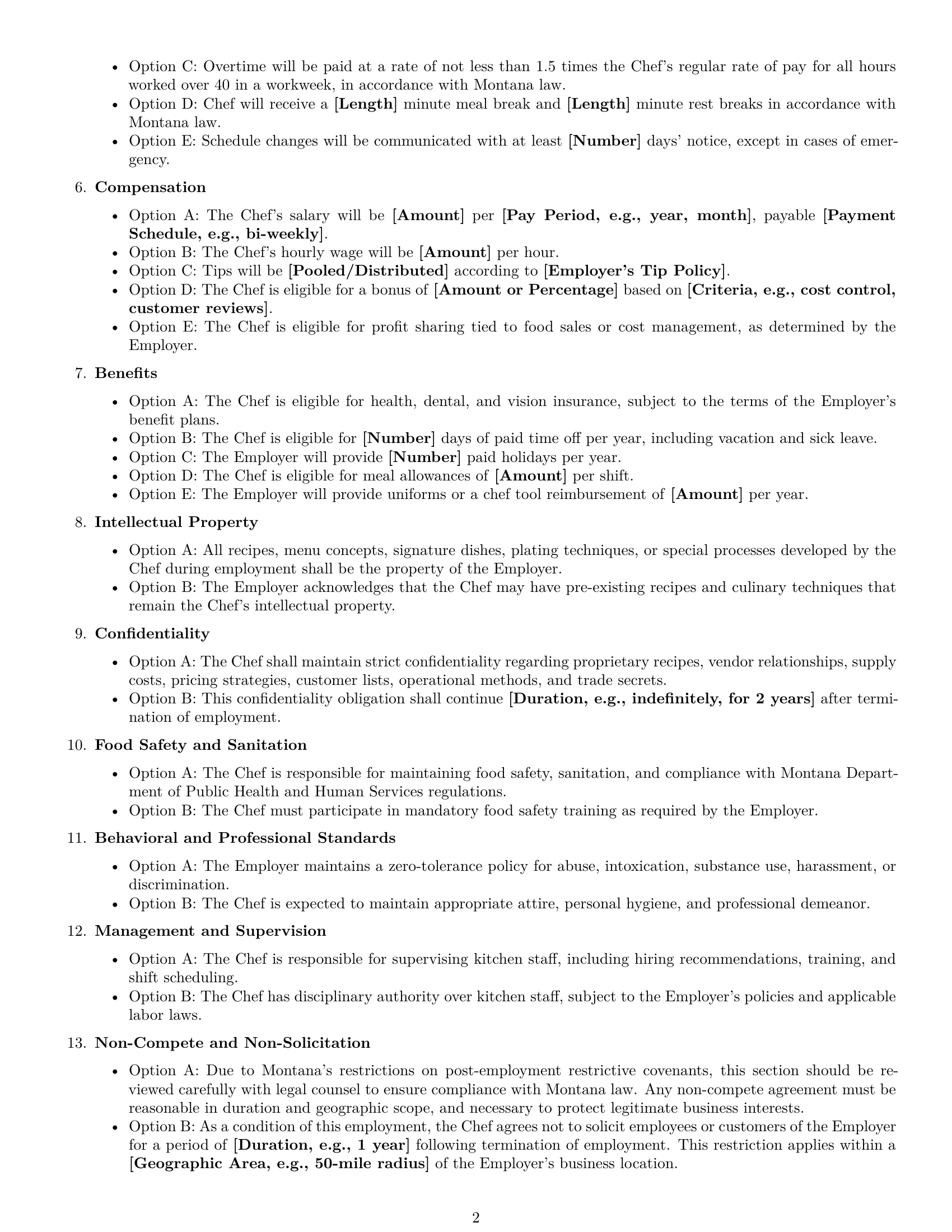Preview page 2 of Free Montana chef employment contract template