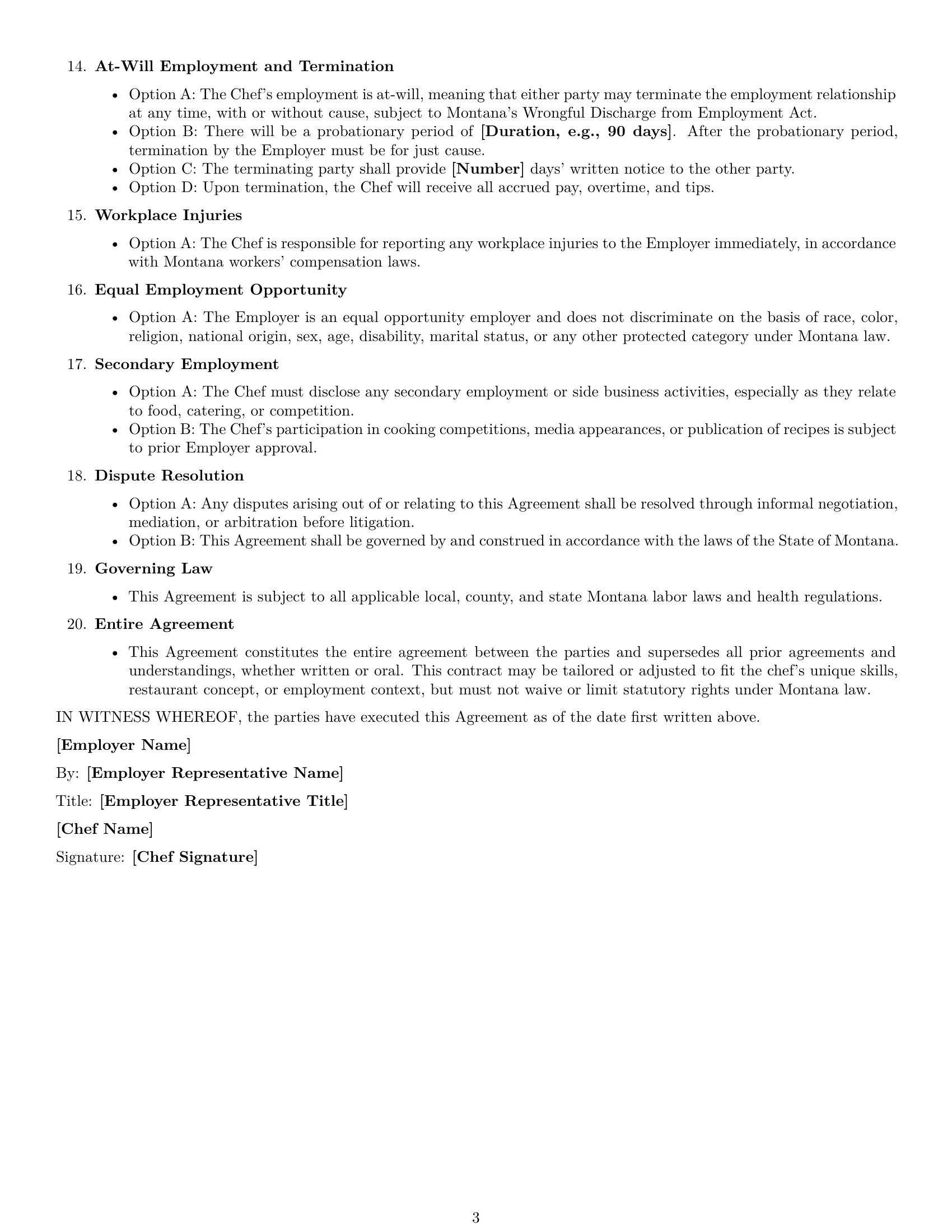 Preview page 3 of Free Montana chef employment contract template