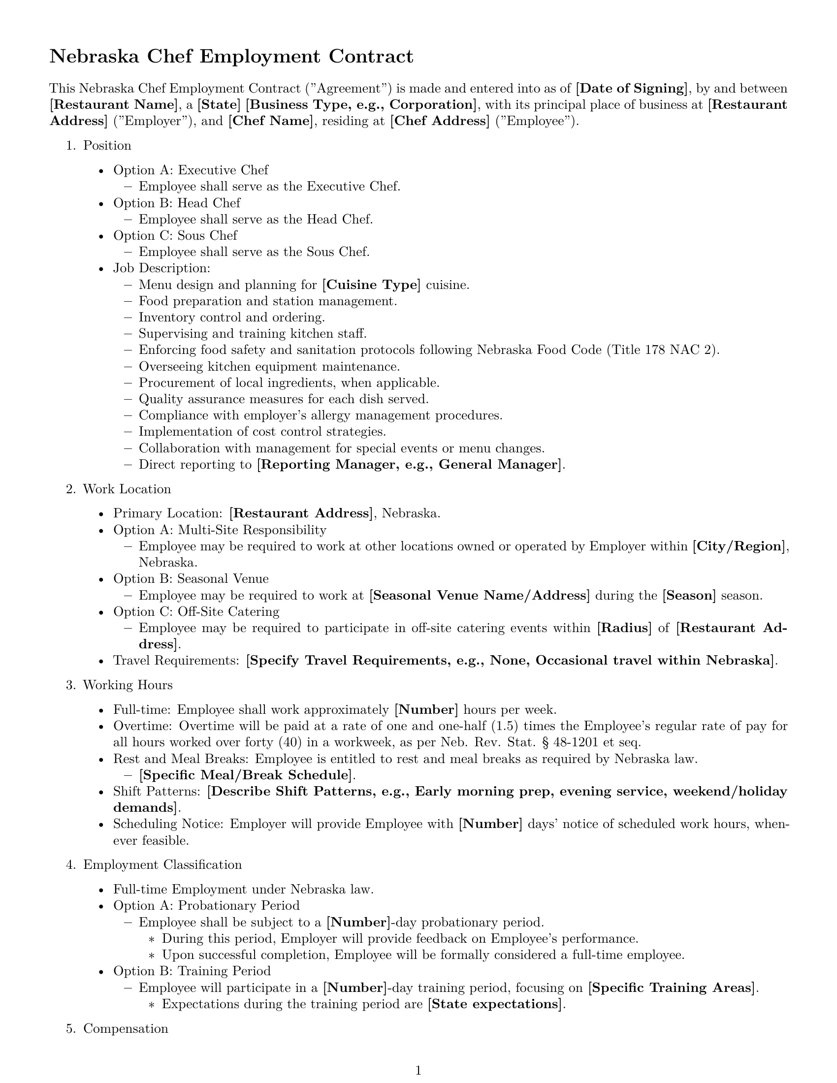 Preview page 1 of Free Nebraska chef employment contract template