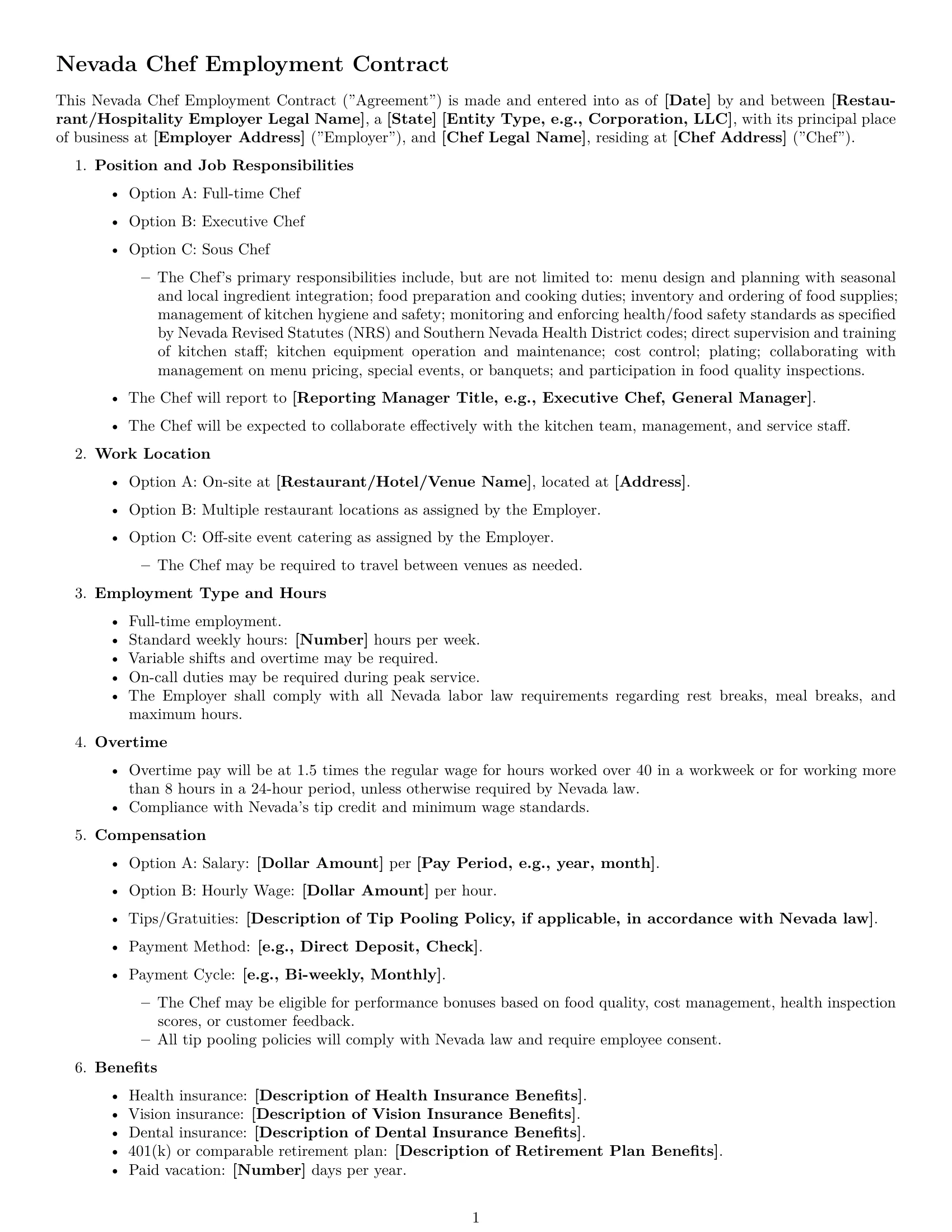 Preview page 1 of Free Nevada chef employment contract template