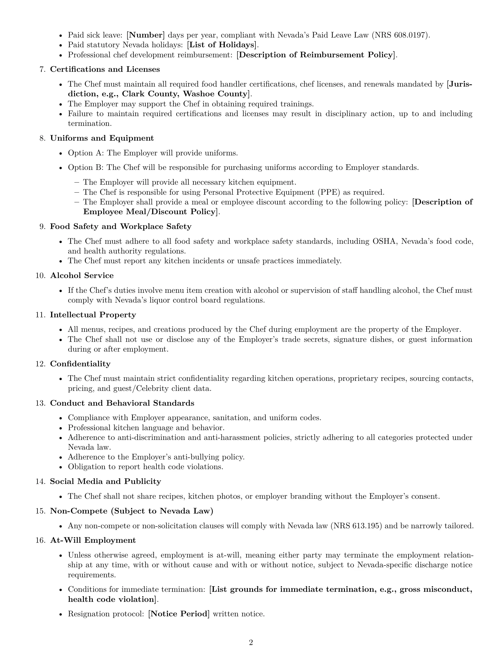 Preview page 2 of Free Nevada chef employment contract template
