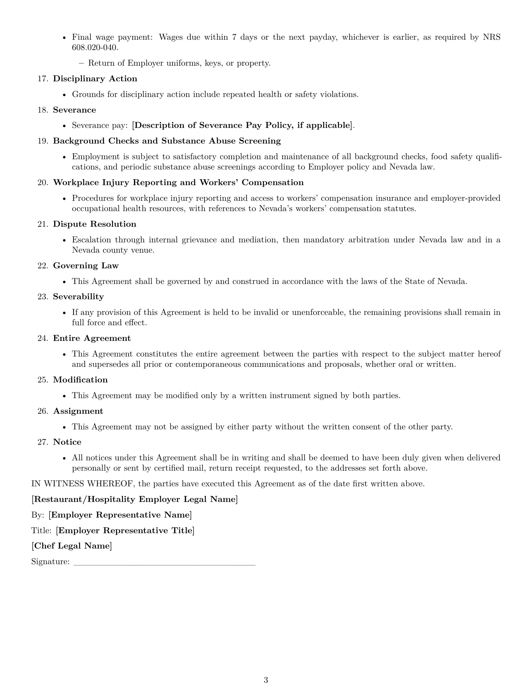 Preview page 3 of Free Nevada chef employment contract template