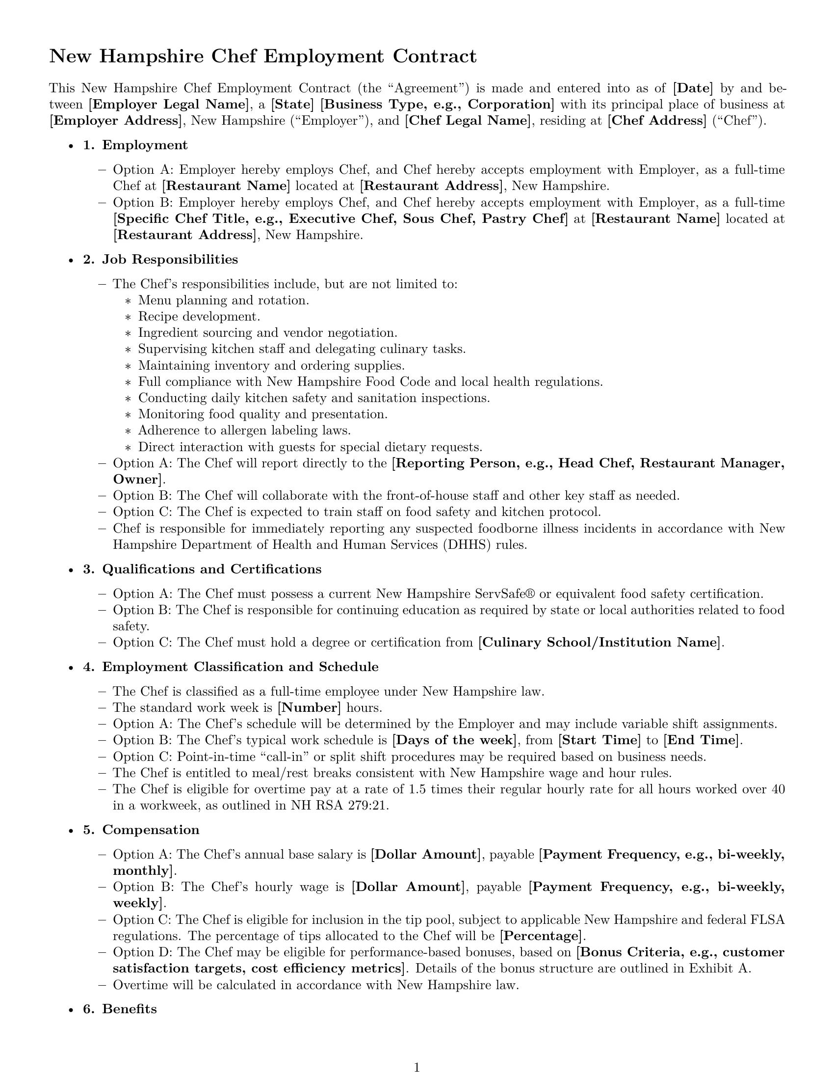 Preview page 1 of Free New Hampshire chef employment contract template