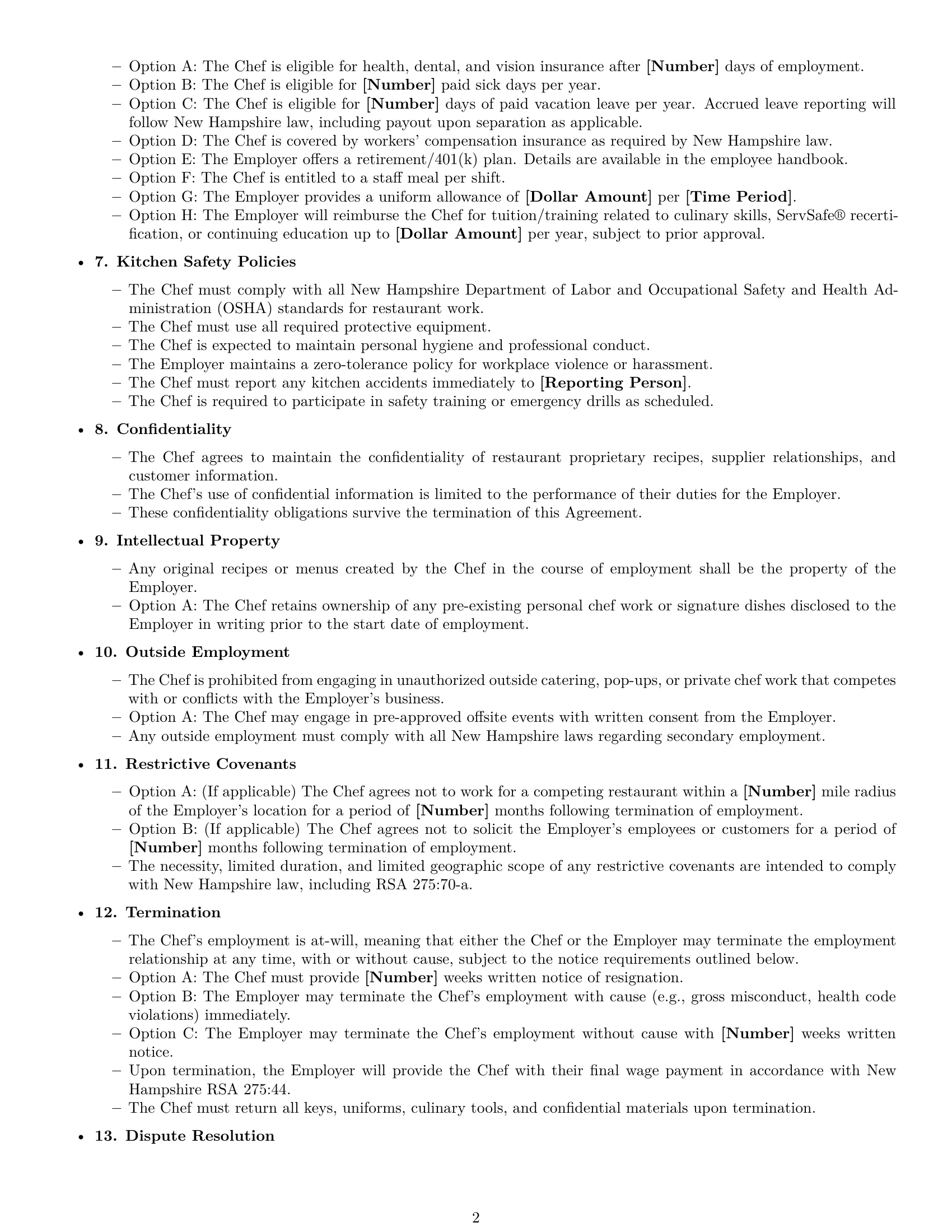 Preview page 2 of Free New Hampshire chef employment contract template