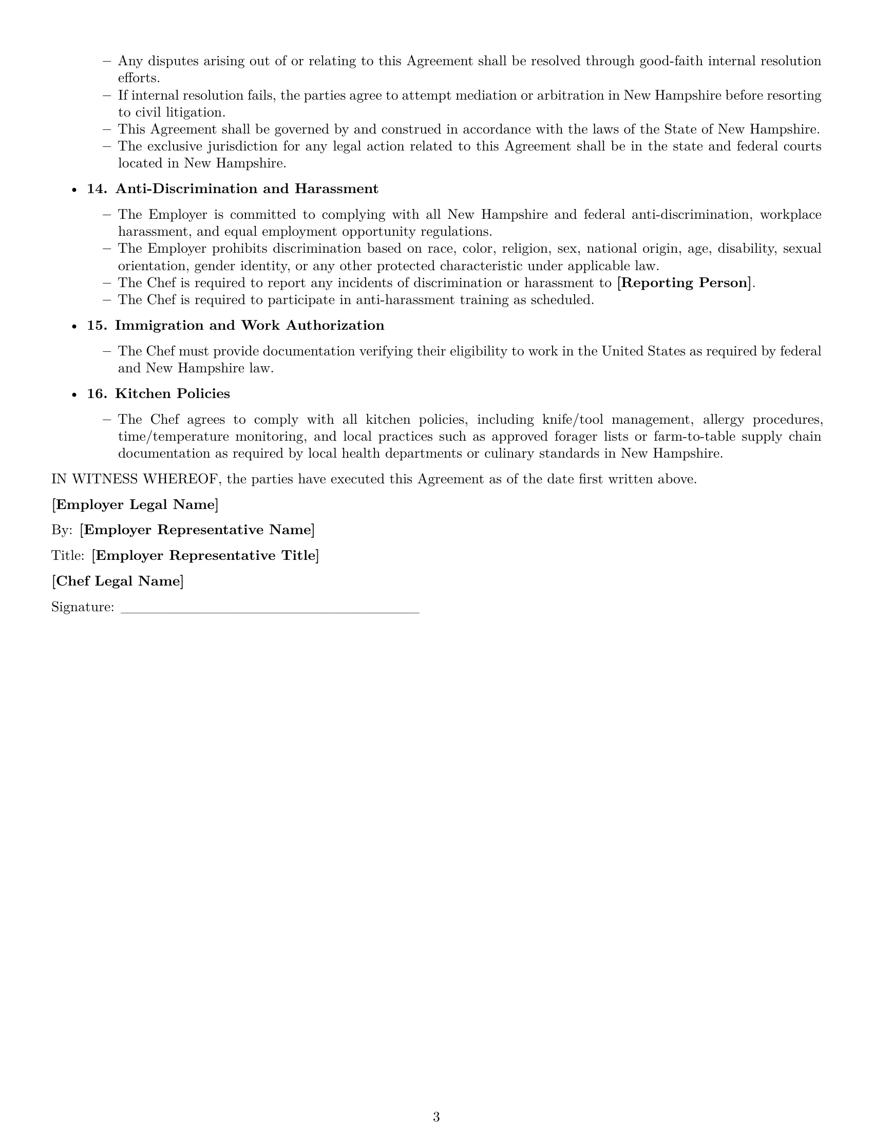 Preview page 3 of Free New Hampshire chef employment contract template