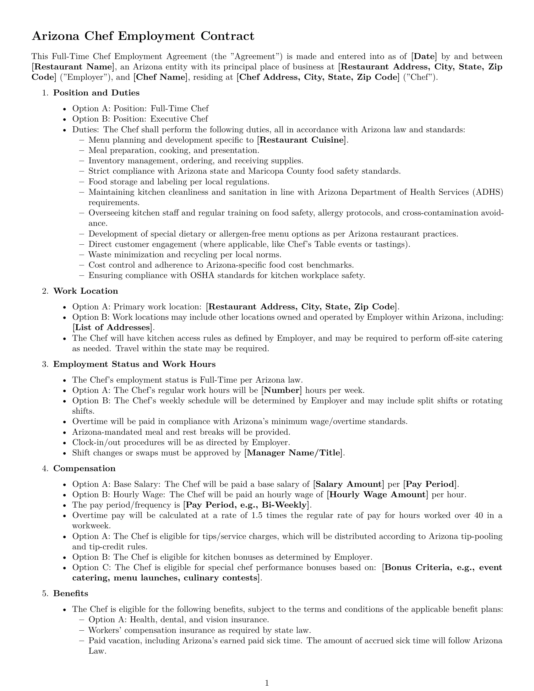 Preview page 1 of Free Arizona chef employment contract template
