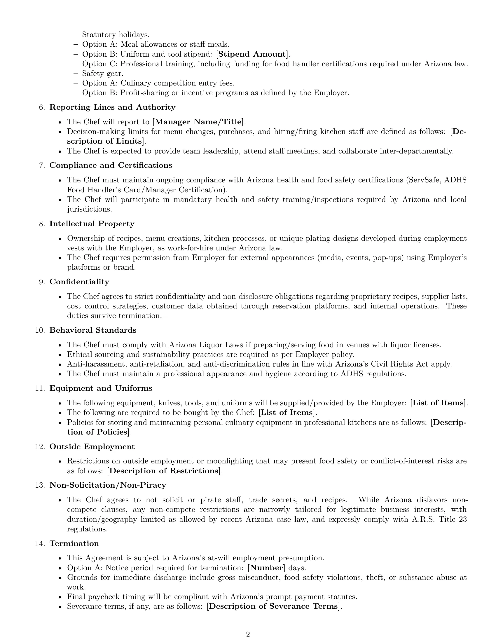 Preview page 2 of Free Arizona chef employment contract template