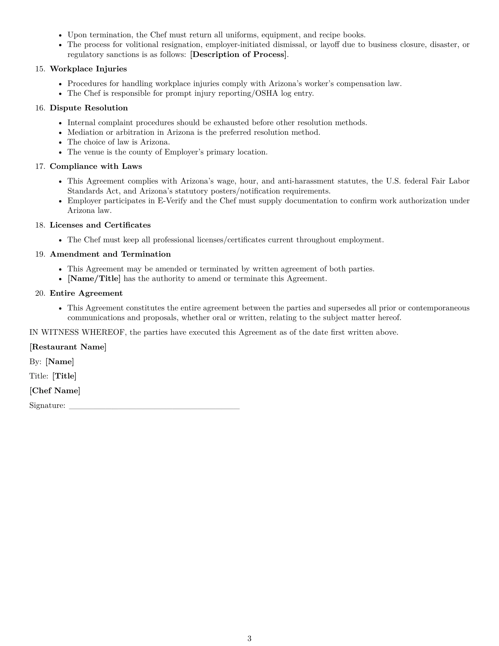 Preview page 3 of Free Arizona chef employment contract template