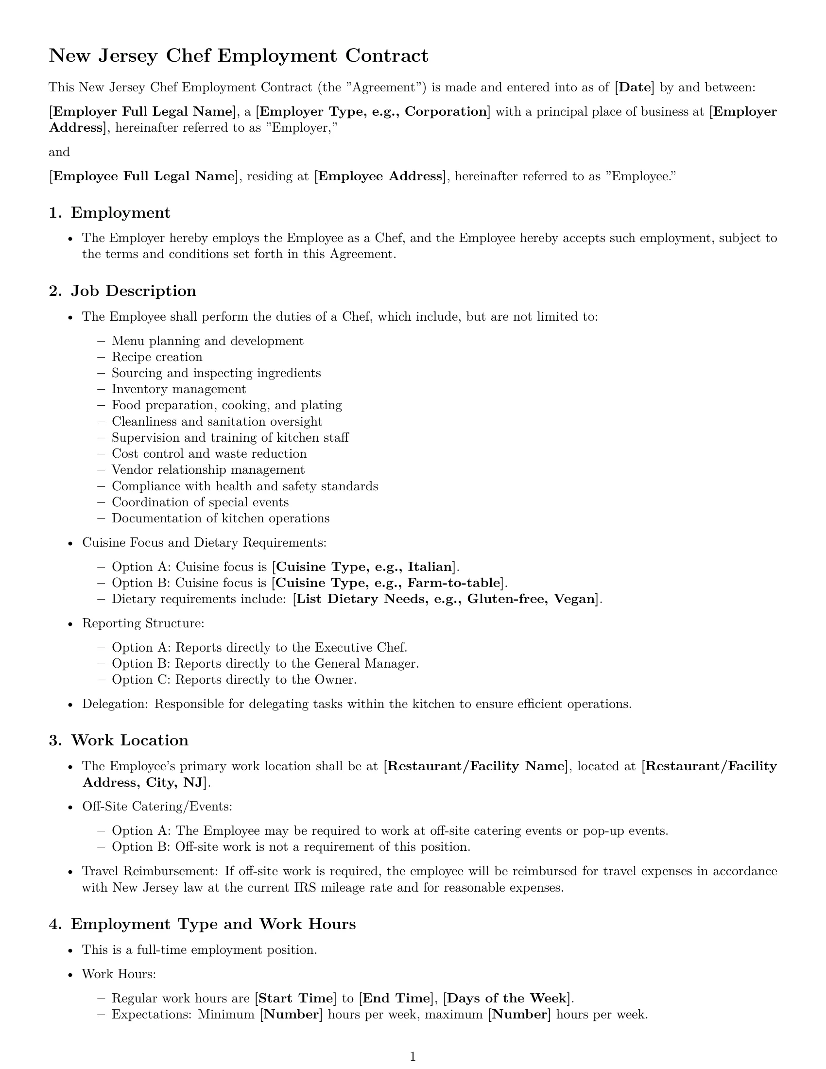 Preview page 1 of Free New Jersey chef employment contract template