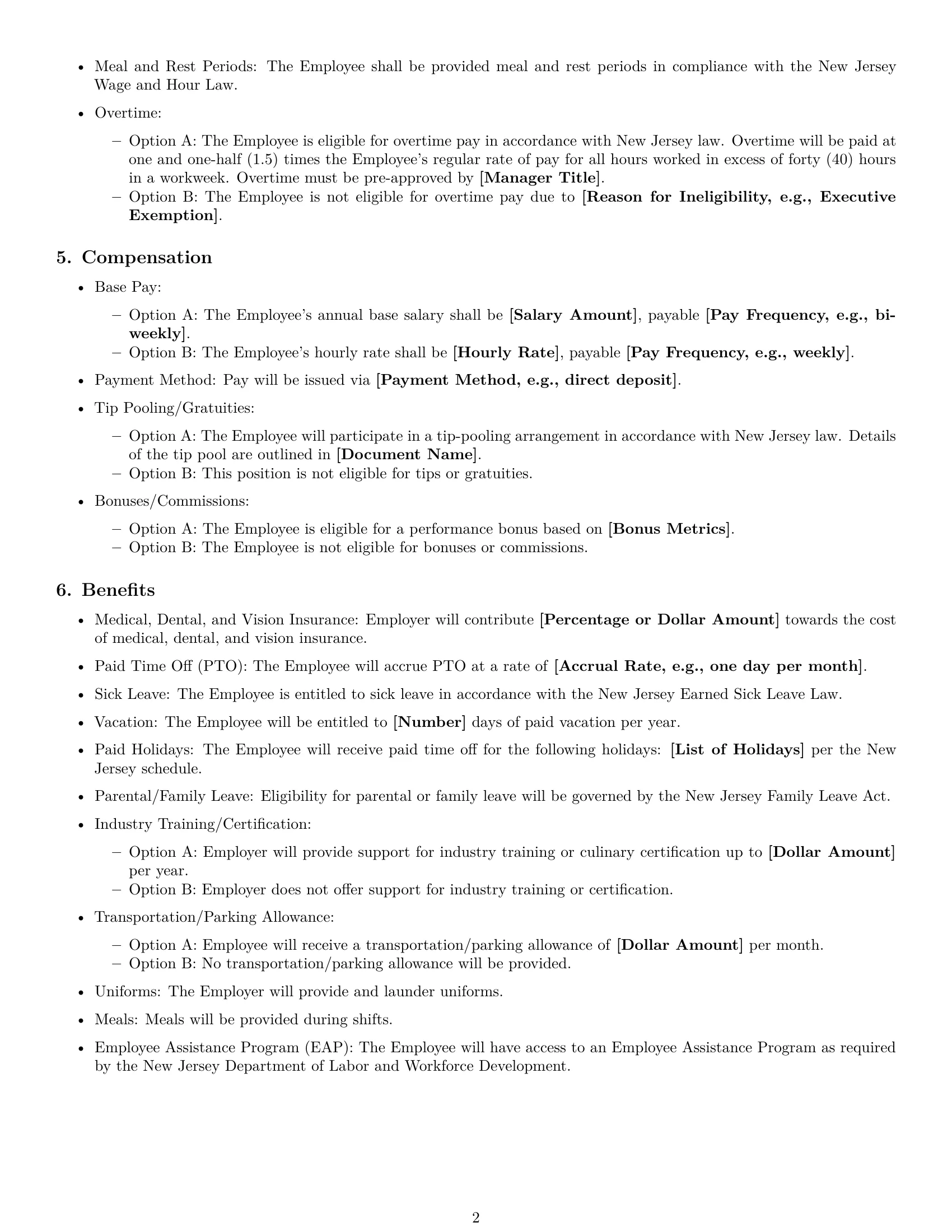 Preview page 2 of Free New Jersey chef employment contract template