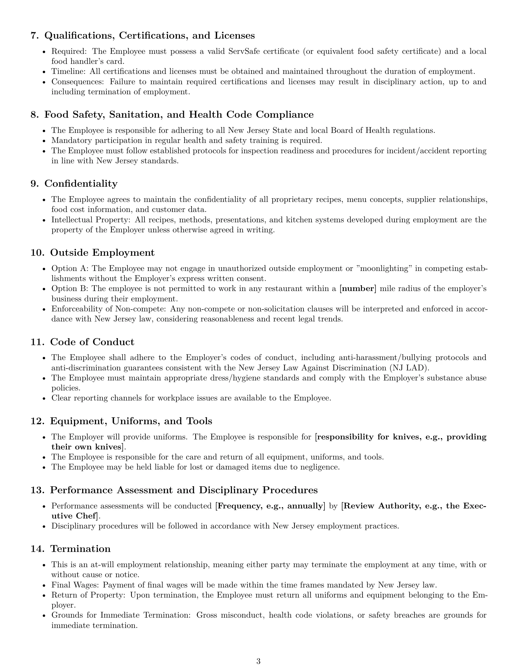 Preview page 3 of Free New Jersey chef employment contract template