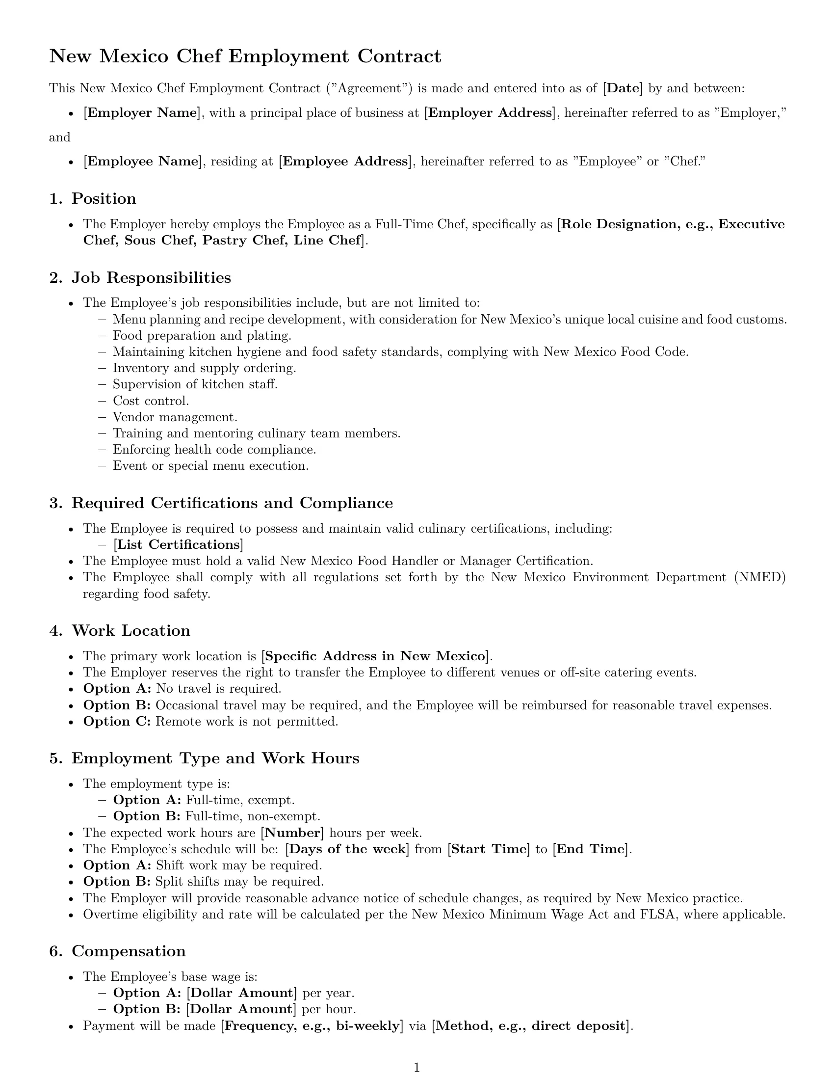 Preview page 1 of Free New Mexico chef employment contract template