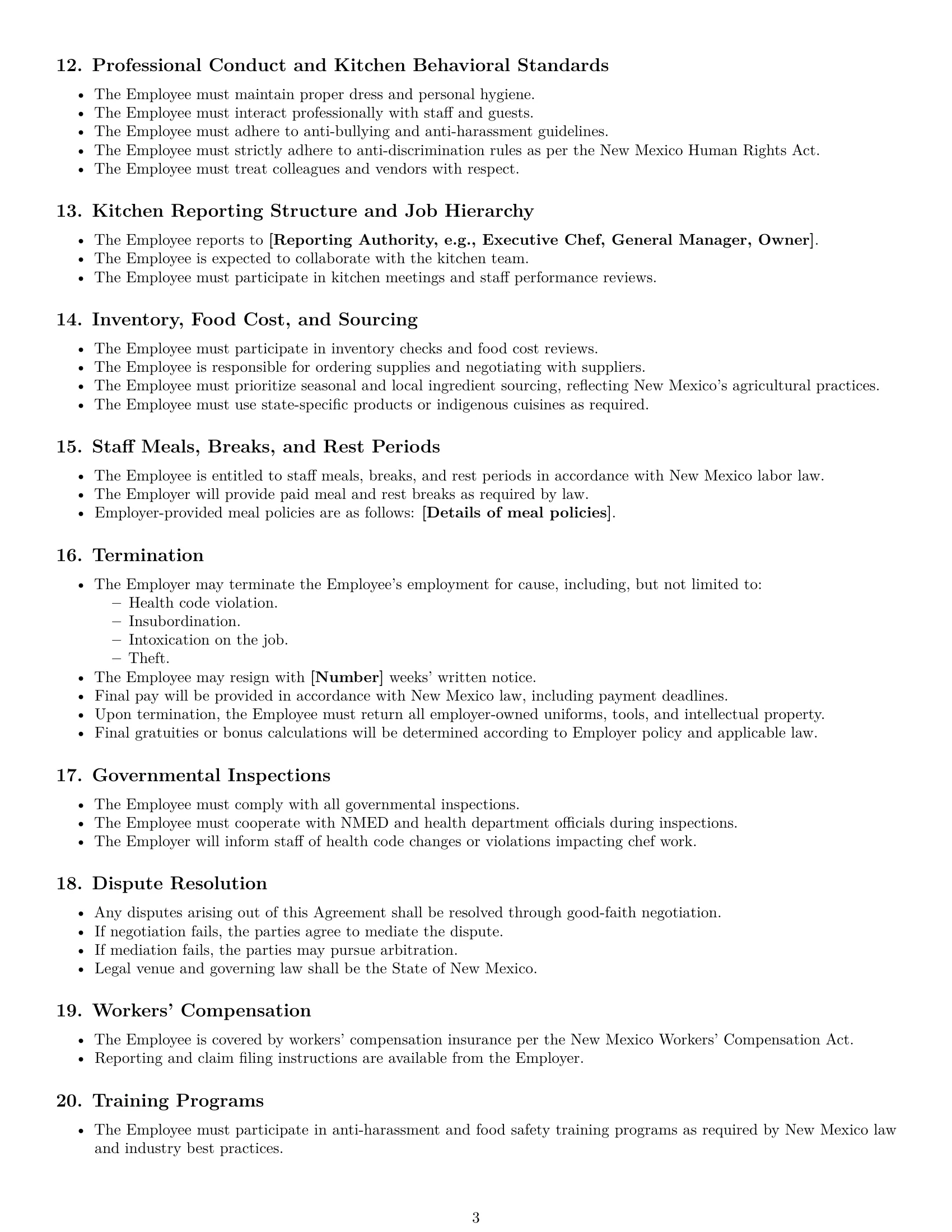 Preview page 3 of Free New Mexico chef employment contract template