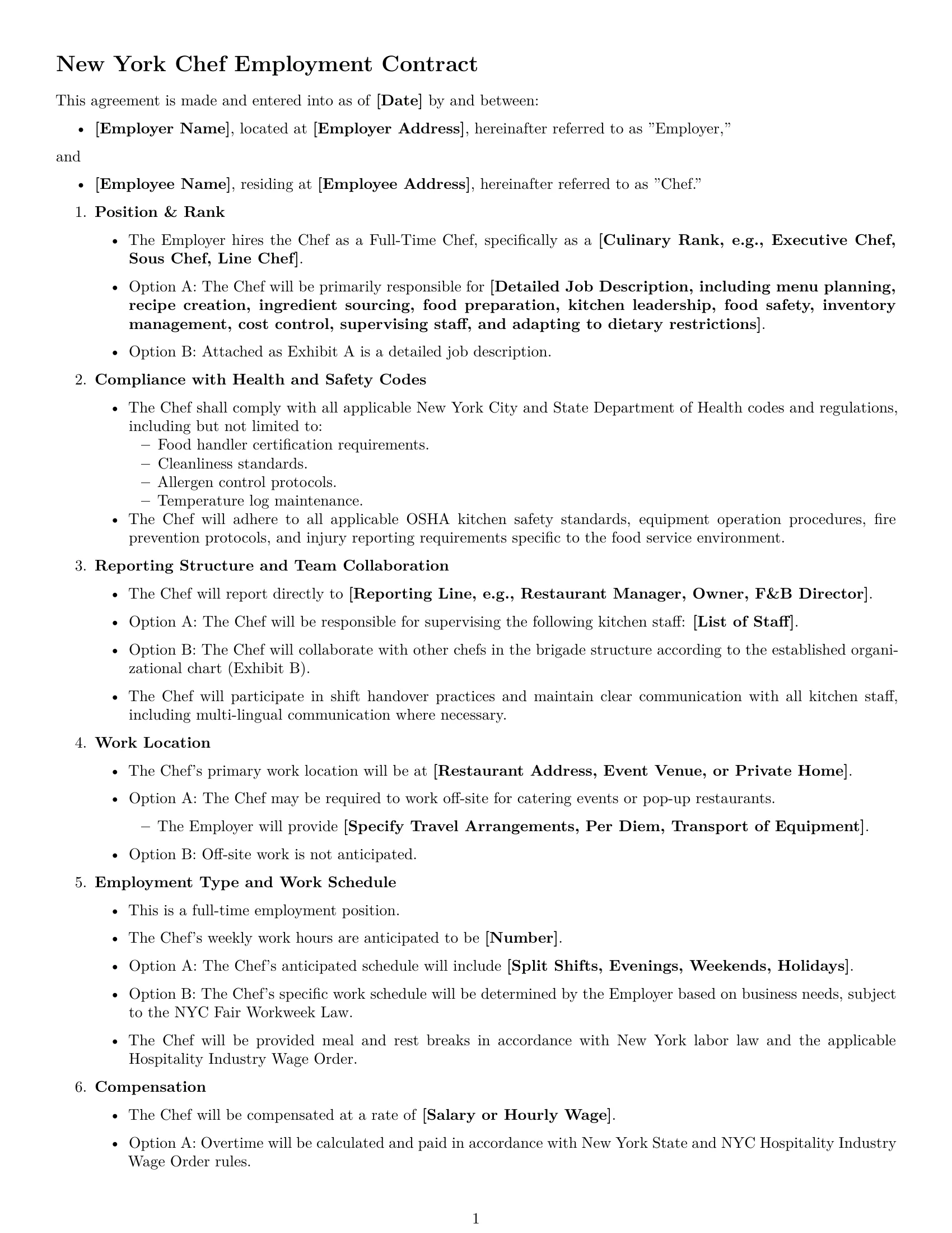 Preview page 1 of Free New York chef employment contract template