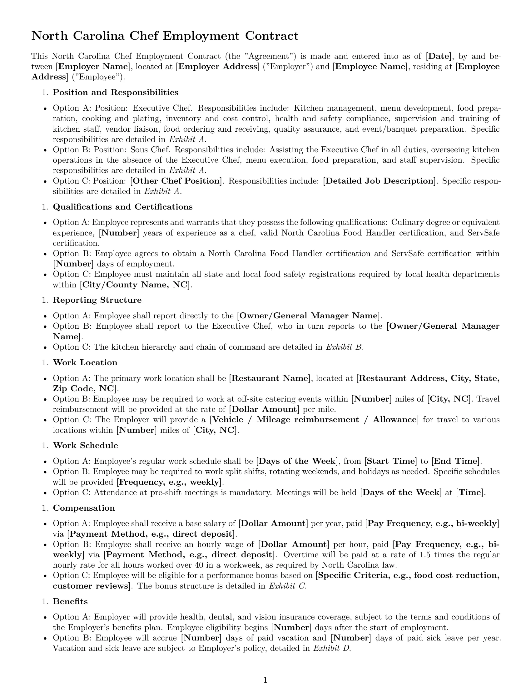 Preview page 1 of Free North Carolina chef employment contract template