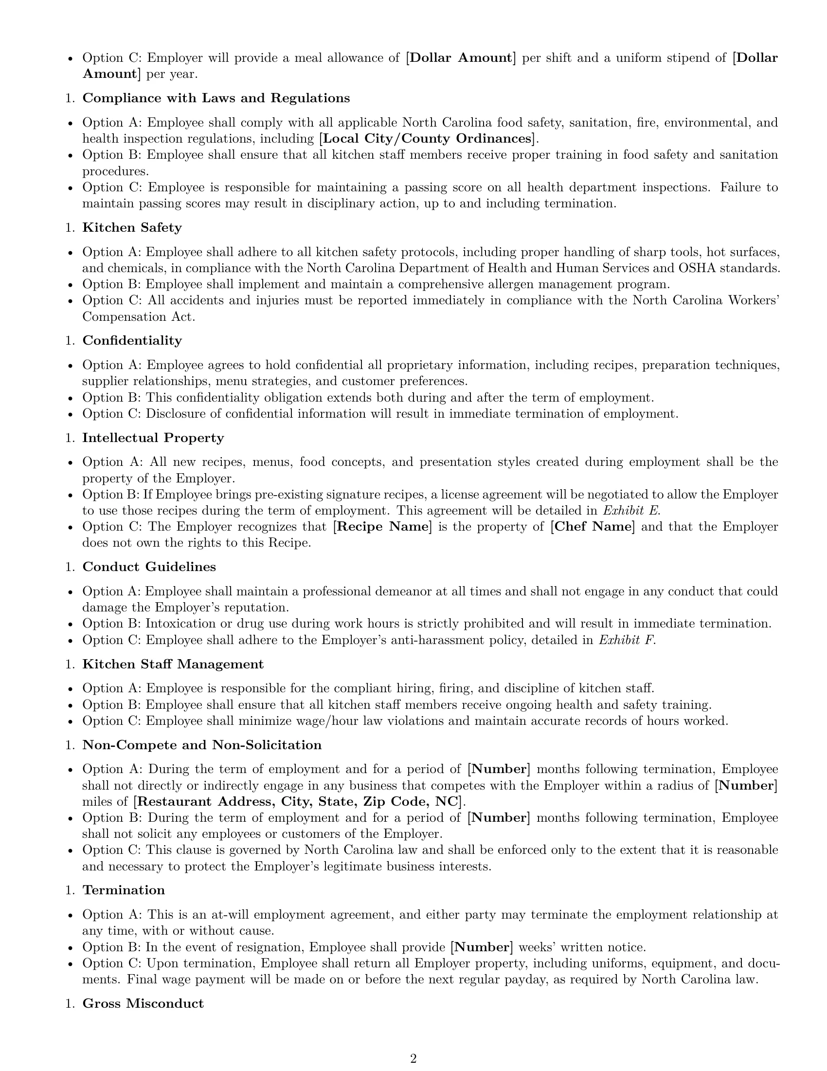 Preview page 2 of Free North Carolina chef employment contract template