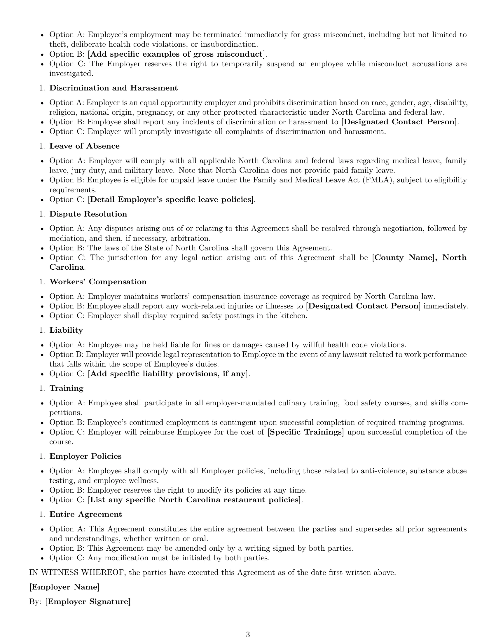 Preview page 3 of Free North Carolina chef employment contract template